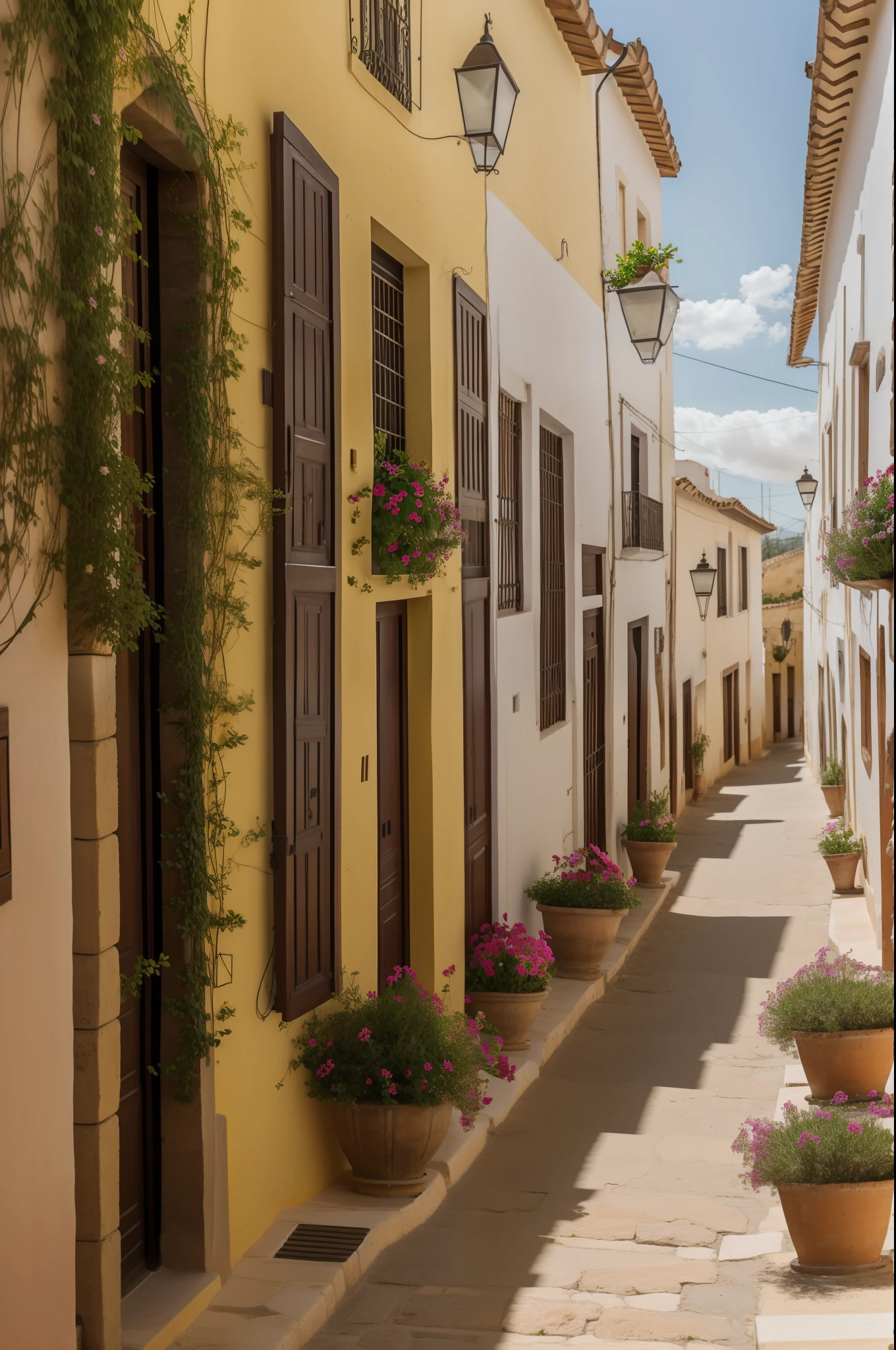Geranios en flor en macetas, calle de antigua ciudad de Italia, adoquines de piedra, viejas casa de piedra y ladrillo. Calle estrecha en colina. sunny day. Cinematographer.