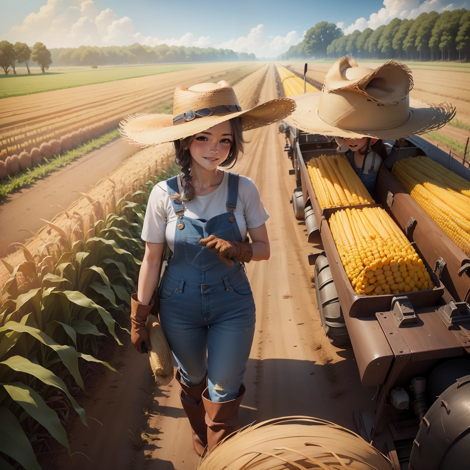 straw hat, overall, denim, (rubber boots:1.2), (work gloves:1.3), farm work, photoRealstic,Driving on a tractor,The best smile,Corn field,corn,There is a lama,There are alpacas