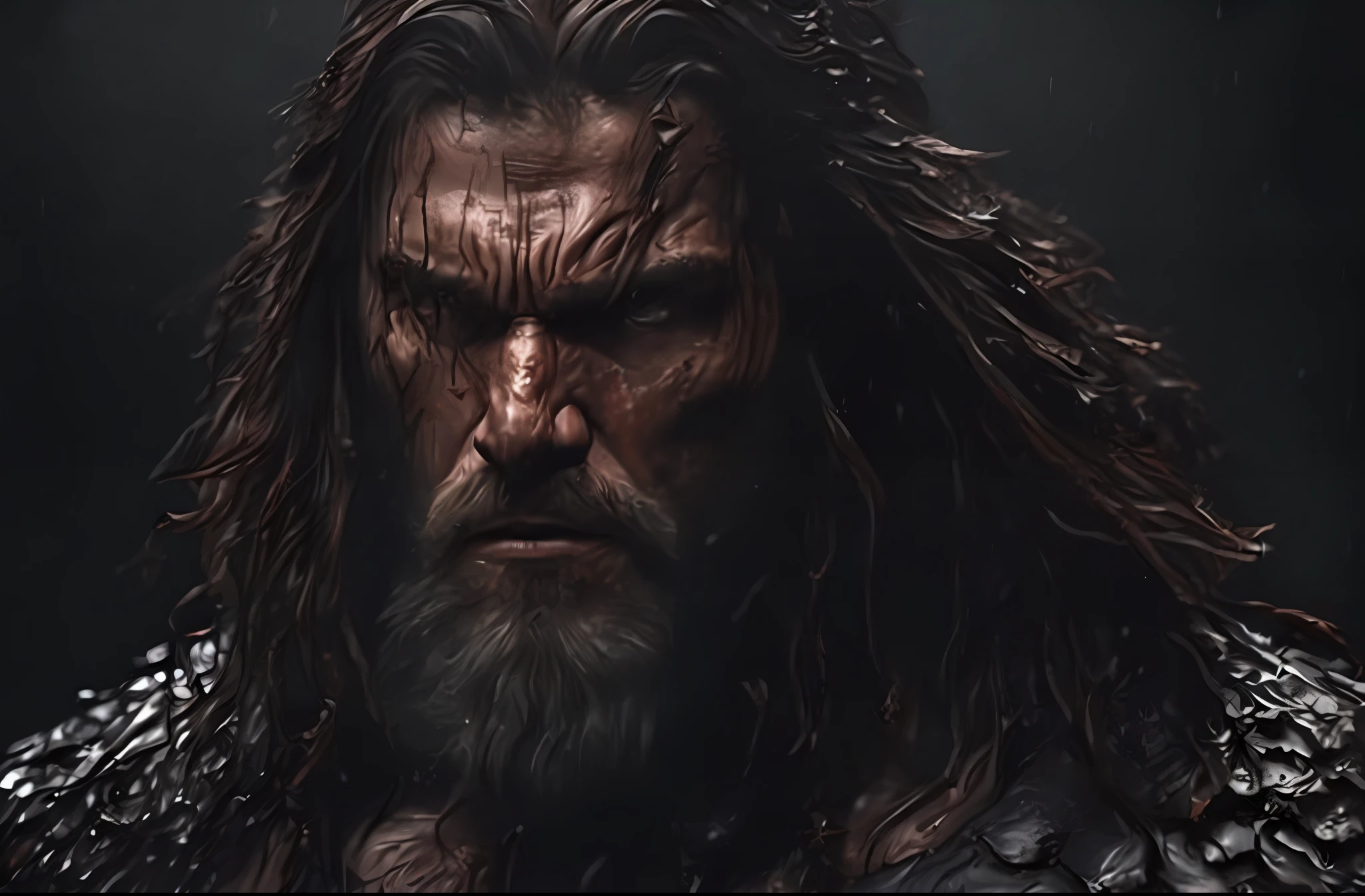 (Cinematic Photo:1.3) of (Ultra detailed:1.3) photo of the most beautiful artwork in the world featuring soft lustrous, ((epic heroic fantasy muscular rugged wet wounded hero man angry looking with long hair and long beard and fierce looking in a dynamic posture)), chest, full face,(dark background:1.4) (epic realistic, hdr, intricate details, hyperdetailed, cinematic, rim light, muted:1.5), ((fantastic location, majestic cluttered environment)), skin pores, very dark lighting, heavy shadows, detailed, detailed face, (photo realistic, dramatic, dark, sharp focus, 8k), (weathered damaged old worn leather outfit:1.5), (intricate:1.4), decadent, (highly detailed:1.4), octane render, sharp focus, heavy rain, particles floating, (Cinemacolor:1.3)