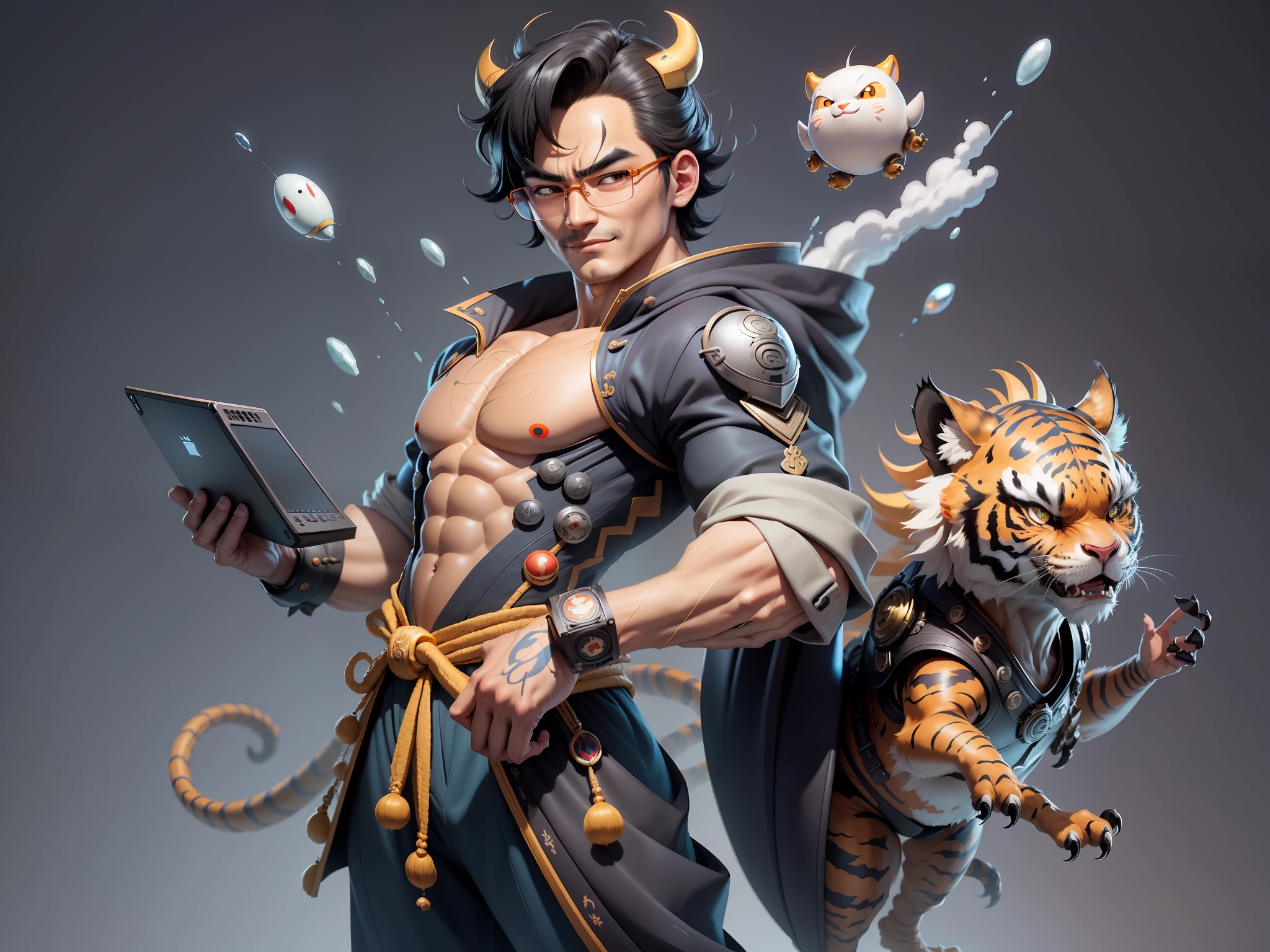 (Masterpiece), (Excellent), (Super Meticulous), (Full Body: 1.2), Super Young Man with Japanese Female Geisha, Pretty, Beautiful, Chinese Dragon, Tiger, Wind God Thor, Sexy, Bursting, Oriental Face, TV Anchor, Bust Portrait Illustration, Black Suit, Blue Tie, Slightly Chubby Face, Silver Glasses, Very Clean Face, No Beard on Chin, Black Super Short Hair, Black Eyes, Confident Smile, 3c Computer Sub-Products, iPad, iPhone, Digital Painting, 3D character design by Mark Clairedon and Pixar and Hayao Miyazaki and Akira Toriyama, the illustrations are HD illustrations in 4K resolution with highly detailed facial features and cartoon-style visuals.