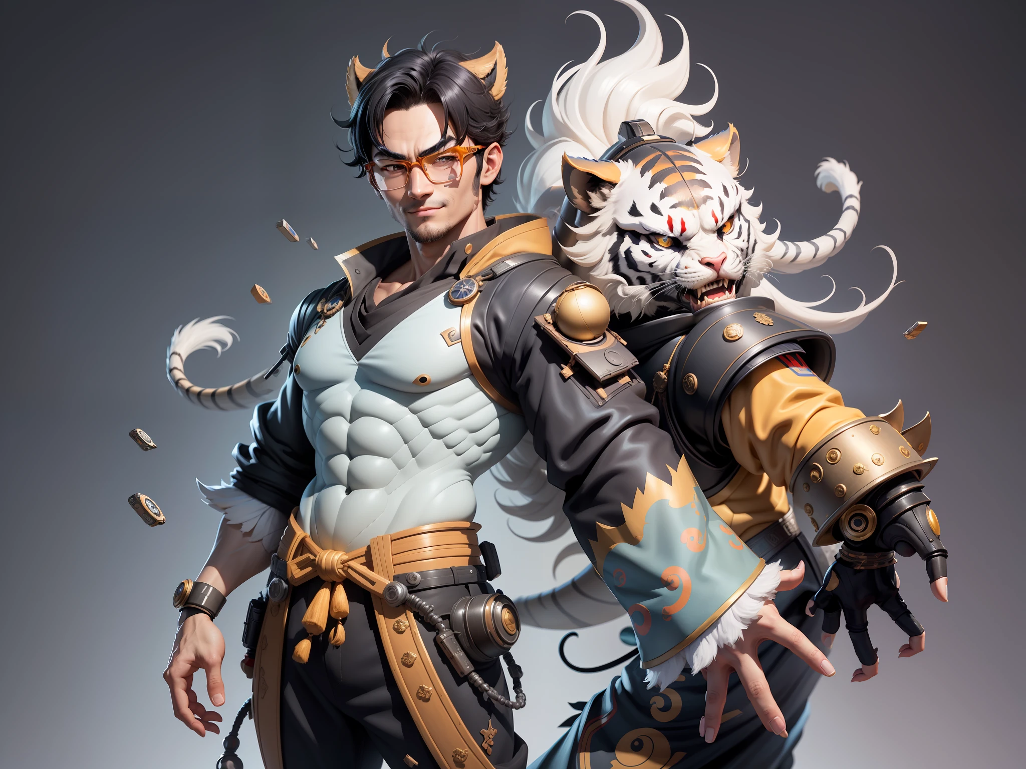 (Masterpiece), (Excellent), (Super Meticulous), (Full Body: 1.2), Super Young Man with Japanese Female Geisha, Pretty, Beautiful, Chinese Dragon, Tiger, Wind God Thor, Sexy, Bursting, Oriental Face, TV Anchor, Bust Portrait Illustration, Black Suit, Blue Tie, Slightly Chubby Face, Silver Glasses, Very Clean Face, No Beard on Chin, Black Super Short Hair, Black Eyes, Confident Smile, 3c Computer Sub-Products, iPad, iPhone, Digital Painting, 3D character design by Mark Clairedon and Pixar and Hayao Miyazaki and Akira Toriyama, the illustrations are HD illustrations in 4K resolution with highly detailed facial features and cartoon-style visuals.