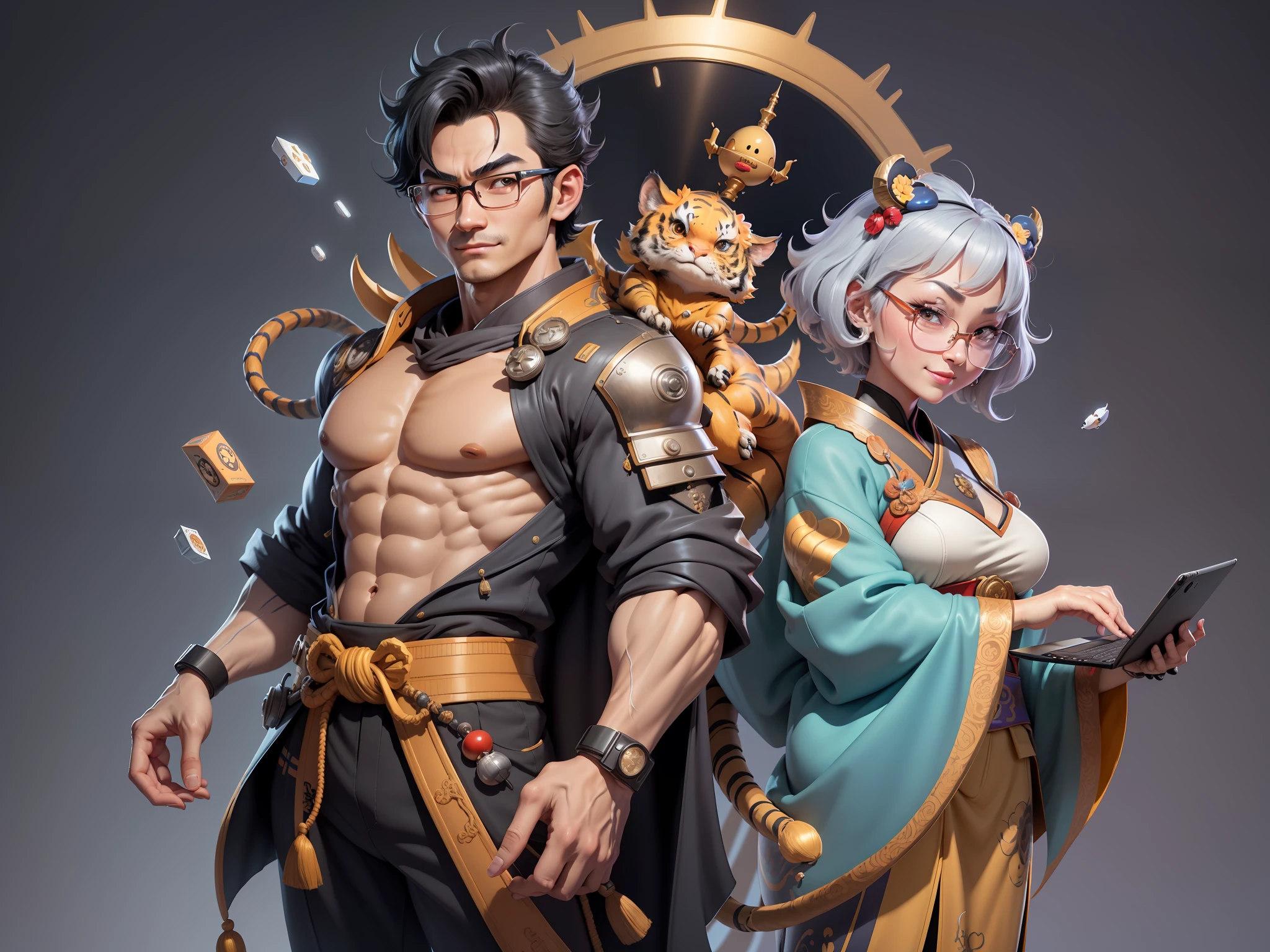(Masterpiece), (Excellent), (Super Meticulous), (Full Body: 1.2), Super Young Man with Japanese Female Geisha, Pretty, Beautiful, Chinese Dragon, Tiger, Wind God Thor, Sexy, Bursting, Oriental Face, TV Anchor, Bust Portrait Illustration, Black Suit, Blue Tie, Slightly Chubby Face, Silver Glasses, Very Clean Face, No Beard on Chin, Black Super Short Hair, Black Eyes, Confident Smile, 3c Computer Sub-Products, iPad, iPhone, Digital Painting, 3D character design by Mark Clairedon and Pixar and Hayao Miyazaki and Akira Toriyama, the illustrations are HD illustrations in 4K resolution with highly detailed facial features and cartoon-style visuals.