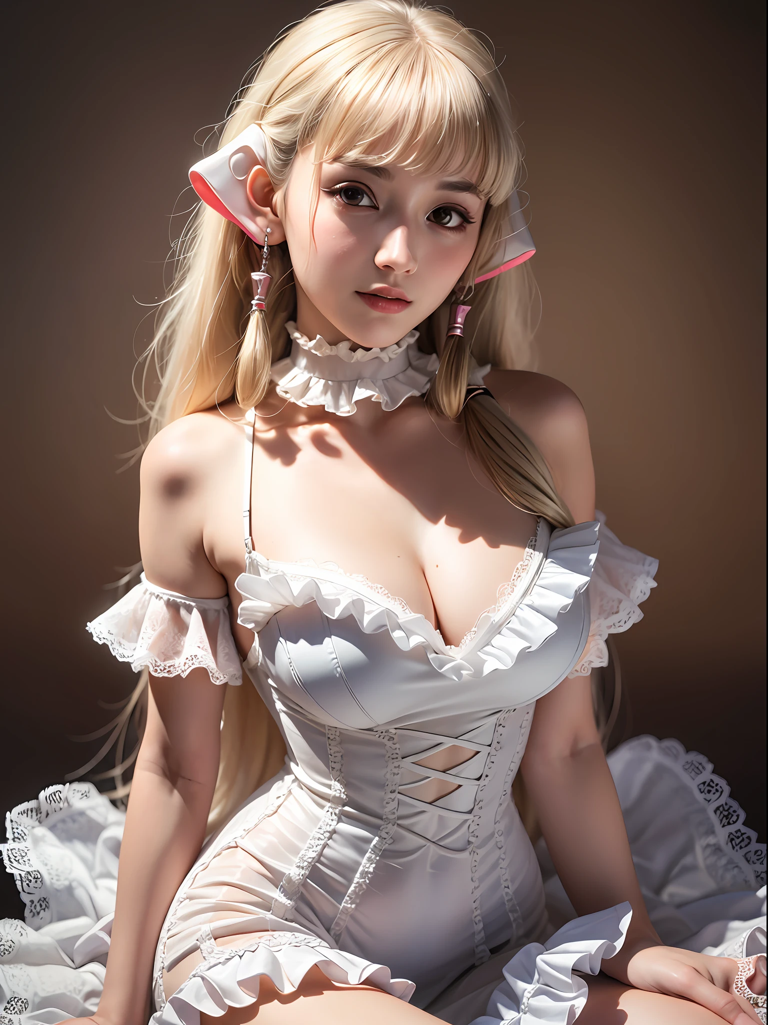 (masterpiece, best quality:1.4), full body, (sitting:1.2), looking at the viewer, smile, 1girl, solo, (european youth:1), chii, brown eyes, choker, (higly detailed long antique lace dress with frills:1.5), (spread legs:1.2), (wide open legs:1.3), (erotic pose:1.3), long dress, lace dress, frills, ruffles, elbow gloves, (robot ears), (frills:1.2), (ruffles:1.2), gloves, platinum blonde hair, ribbon choker, medium breasts, solo, strap slip, very long hair, white dress, white gloves mksks style, beautiful face, (highly detailed face 1.2), highly detailed skin, skin pores, subsurface scattering, realistic pupils, highly detailed face, (highly detailed eyes:1.2), full face blush, full lips, detailed background, depth of field, volumetric lighting, sharp focus, absurdres, realistic proportions, good anatomy, (realistic, hyperrealistic:1.4), 16k hdr,
