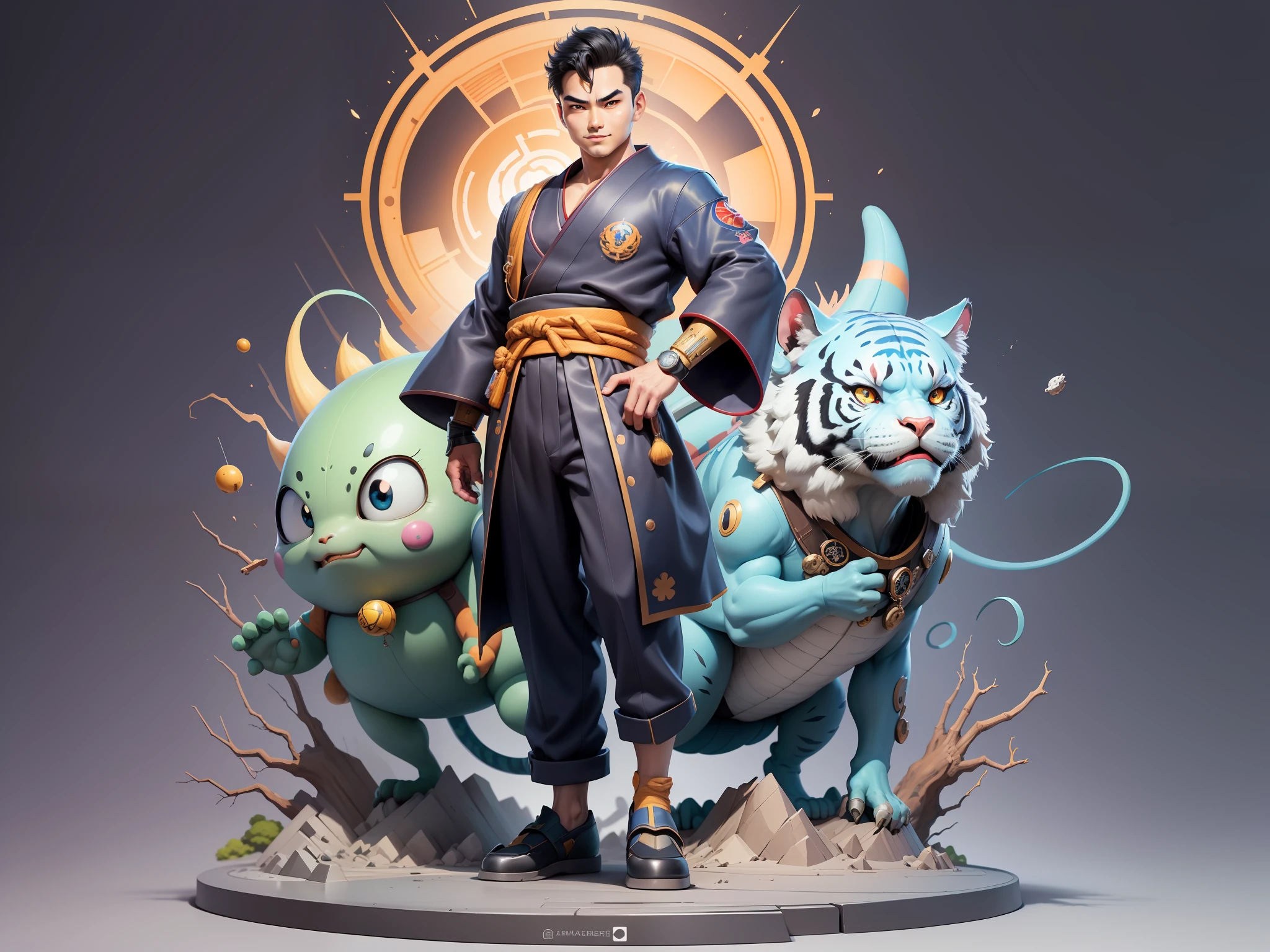 (Masterpiece), (Excellent), (Super Meticulous), (Full Body: 1.2), Super Young Man, Oriental Face, Japanese Kimono, Japanese Wind Thunder God, Dragon, Tiger, TV Anchor, Bust Portrait Illustration, Alone, Black Suit, Blue Tie, Slightly Chubby Face, Very Clean Face, No Beard, Black Super Short Hair, Black Eyes, Confident Smile, 3c Computer Sub-Products, iPad, iPhone, Digital Painting, 3D Character Design by Akira Toriyama and Mark Claireden and Pixar and Hayao Miyazaki, The illustration is a high-definition illustration in 4K resolution with very detailed facial features and cartoon-style visuals.