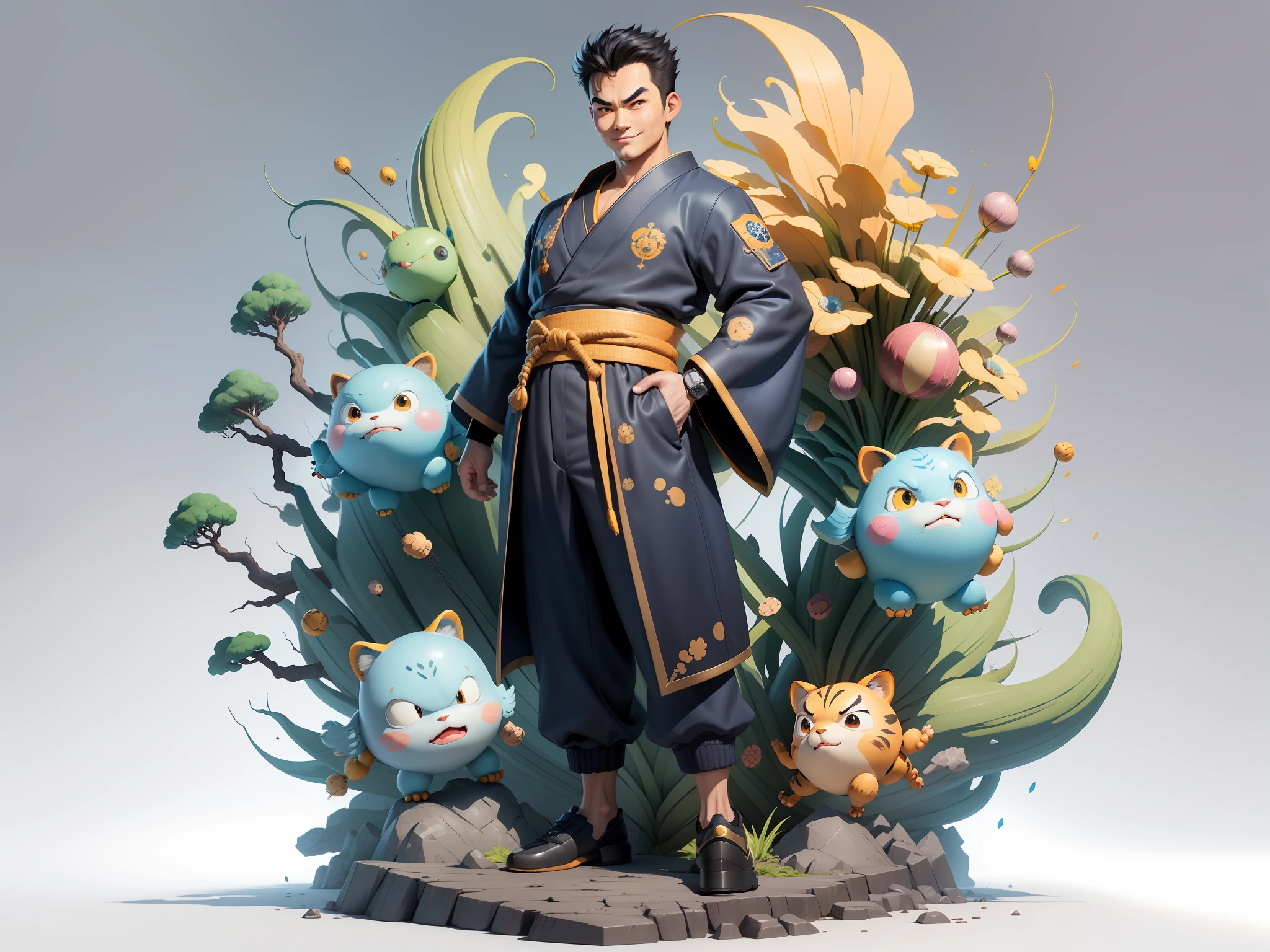(Masterpiece), (Excellent), (Super Meticulous), (Full Body: 1.2), Super Young Man, Oriental Face, Japanese Kimono, Japanese Wind Thunder God, Dragon, Tiger, TV Anchor, Bust Portrait Illustration, Alone, Black Suit, Blue Tie, Slightly Chubby Face, Very Clean Face, No Beard, Black Super Short Hair, Black Eyes, Confident Smile, 3c Computer Sub-Products, iPad, iPhone, Digital Painting, 3D Character Design by Akira Toriyama and Mark Claireden and Pixar and Hayao Miyazaki, The illustration is a high-definition illustration in 4K resolution with very detailed facial features and cartoon-style visuals.