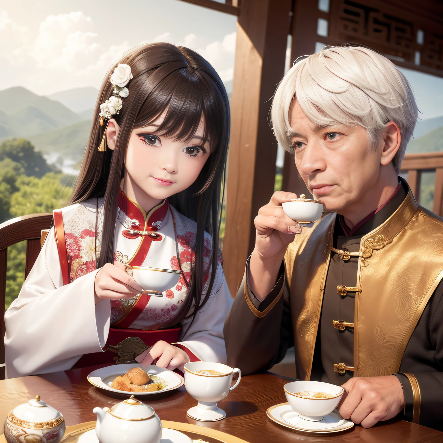 8K,tmasterpiece,Natural lighting,ancient chinese background,High hills,Cloud fog,rios,sitting before a table,Chinese teacup,Outdoor photography,sface focus,detailed face with,facial wrinkle,Relaxed expression,(2 people),Opposite,Male elderly,White hair,Hairpins,Chinese Han dynasty costumes,Boy