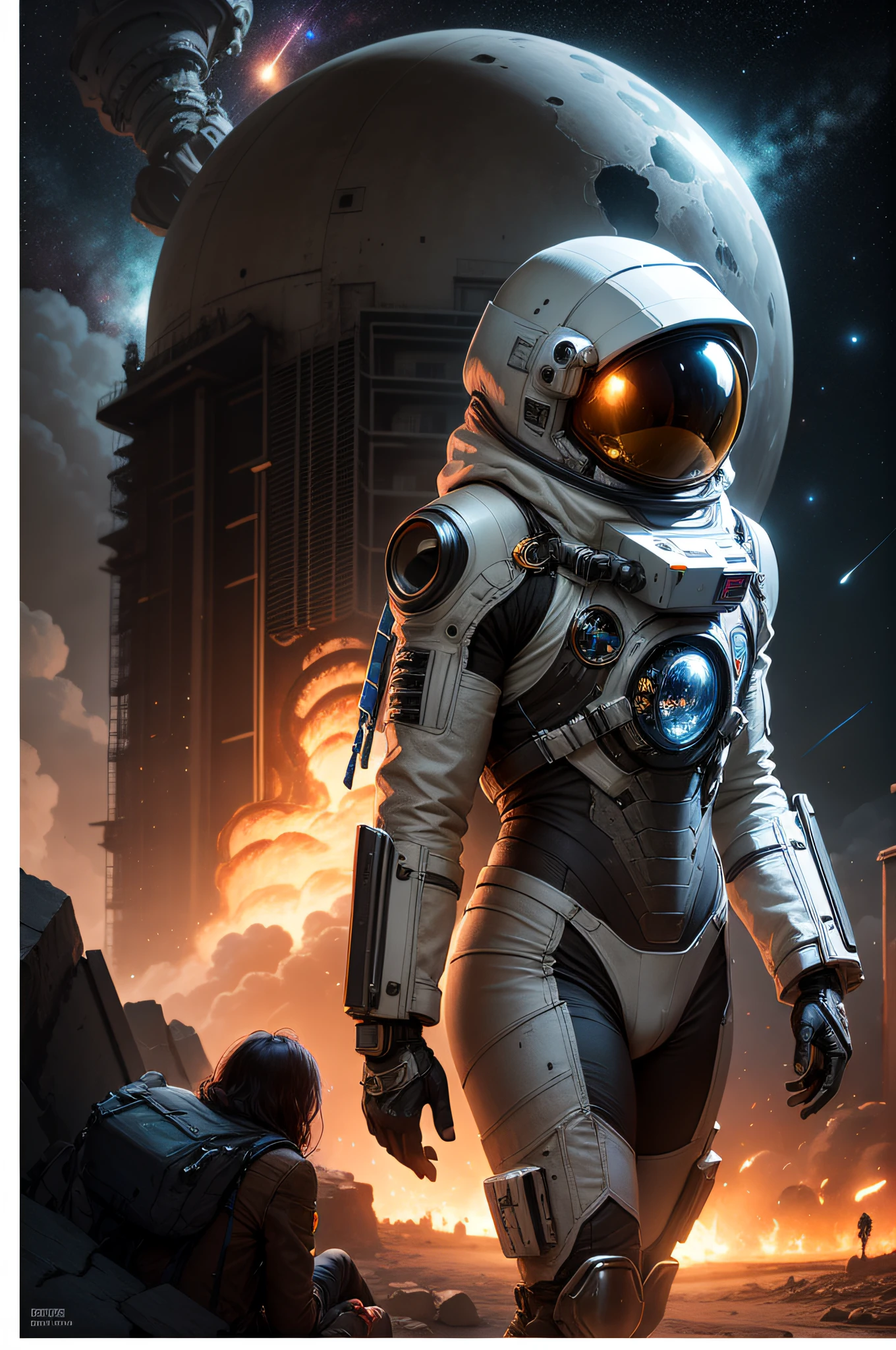 en estilo comic, basado en la pelicula prometheus: (( la tripulacion de la spacecraft prometheus, hombres y mujeres)), inspeccionas una ciudad de un planeta desconocido , con enormes edificios altamente tecnologicos. cuyos materiales de construccion son la plata, el oro y el bronce.