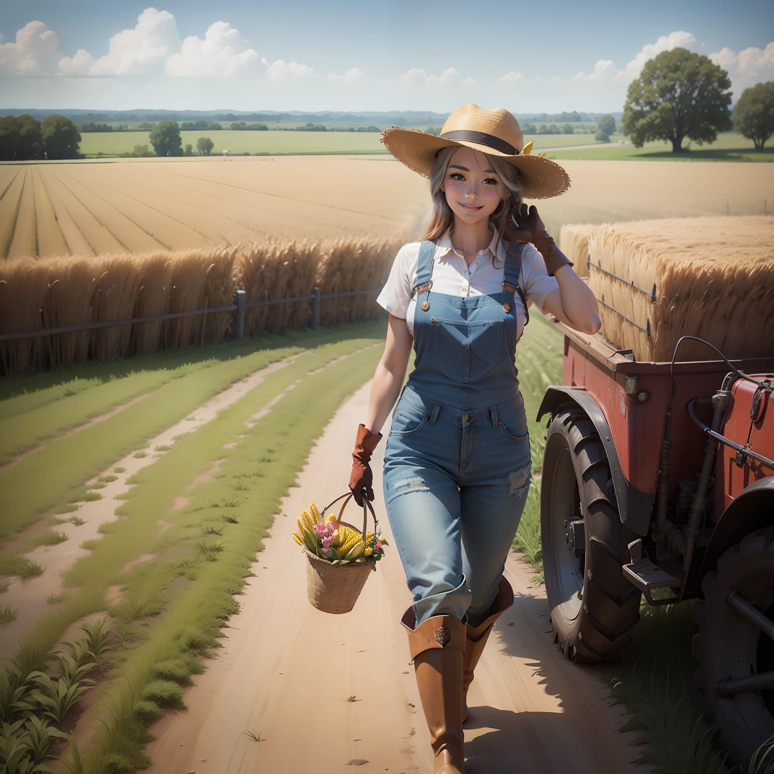 a straw fedora hat, Overall, denim, (Rubber boots:1.2), (Work gloves:1.3), Agricultural operations, The best smile,Driving on a tractor,Corn field,cones,There are llamas,There are alpacas,photoRealstic,Masterpiece