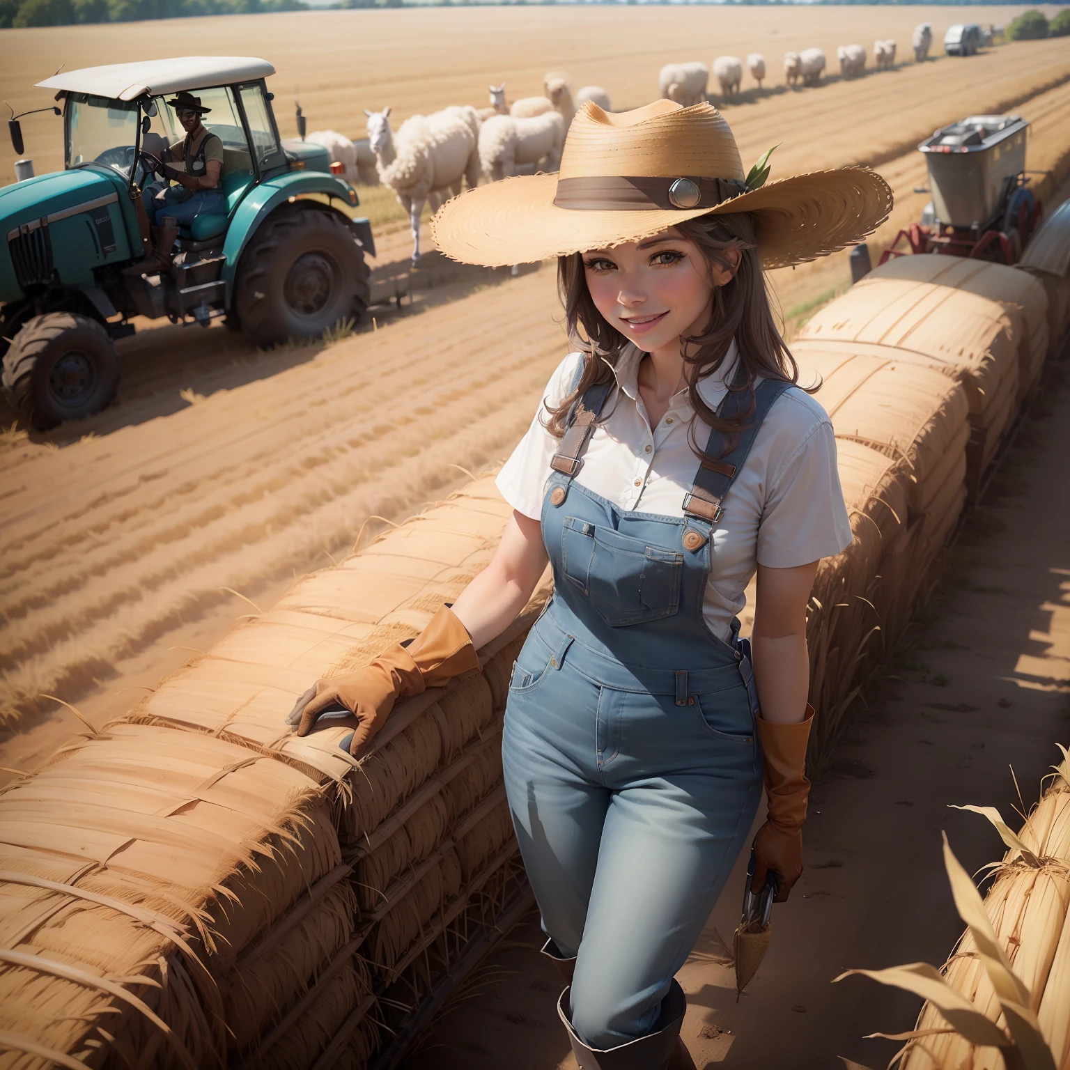 a straw fedora hat, Overall, denim, (Rubber boots:1.2), (Work gloves:1.3), Agricultural operations, The best smile,Driving on a tractor,Corn field,cones,There are llamas,There are alpacas,photoRealstic,Masterpiece