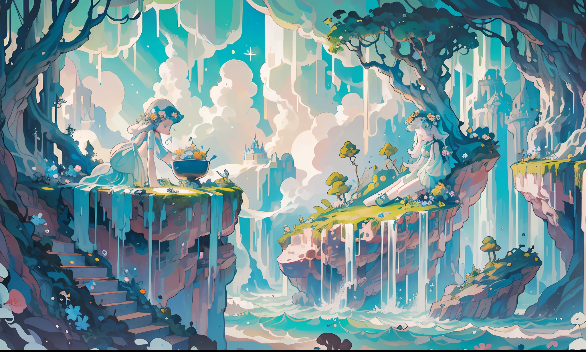 Mossy rocks, the sea, the wind, ((pumice isle, Baiae's bay, Sleepy old palaces and towers, waves, azure moss and Flowers)) masterpiece, best quality, cute, vibrant, colorful, stars, under tall trees, forest flowers, stars, jungle palace, trees, streams of light, jungle anim (mysterious:1.5) fog