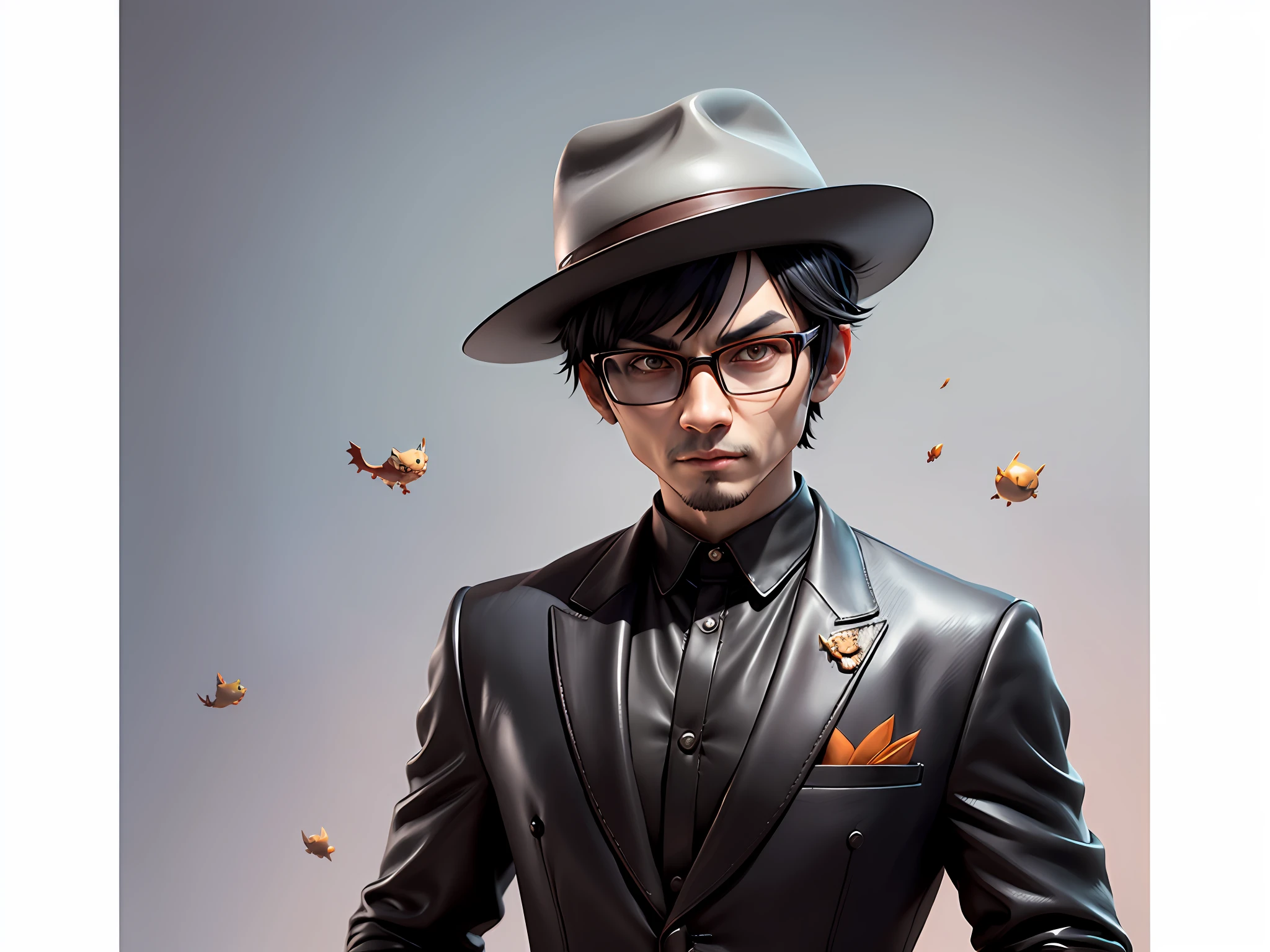 Young man with leather hat, tiger, dragon, oriental face in formal suit, short black hair, silver glasses, digital painting, 3D character design by Mark Clairedon and Pixar and Hayao Miyazaki and Akira Toriyama, the illustration is a high-definition illustration in 4K resolution with very detailed facial features and cartoon-style visuals.