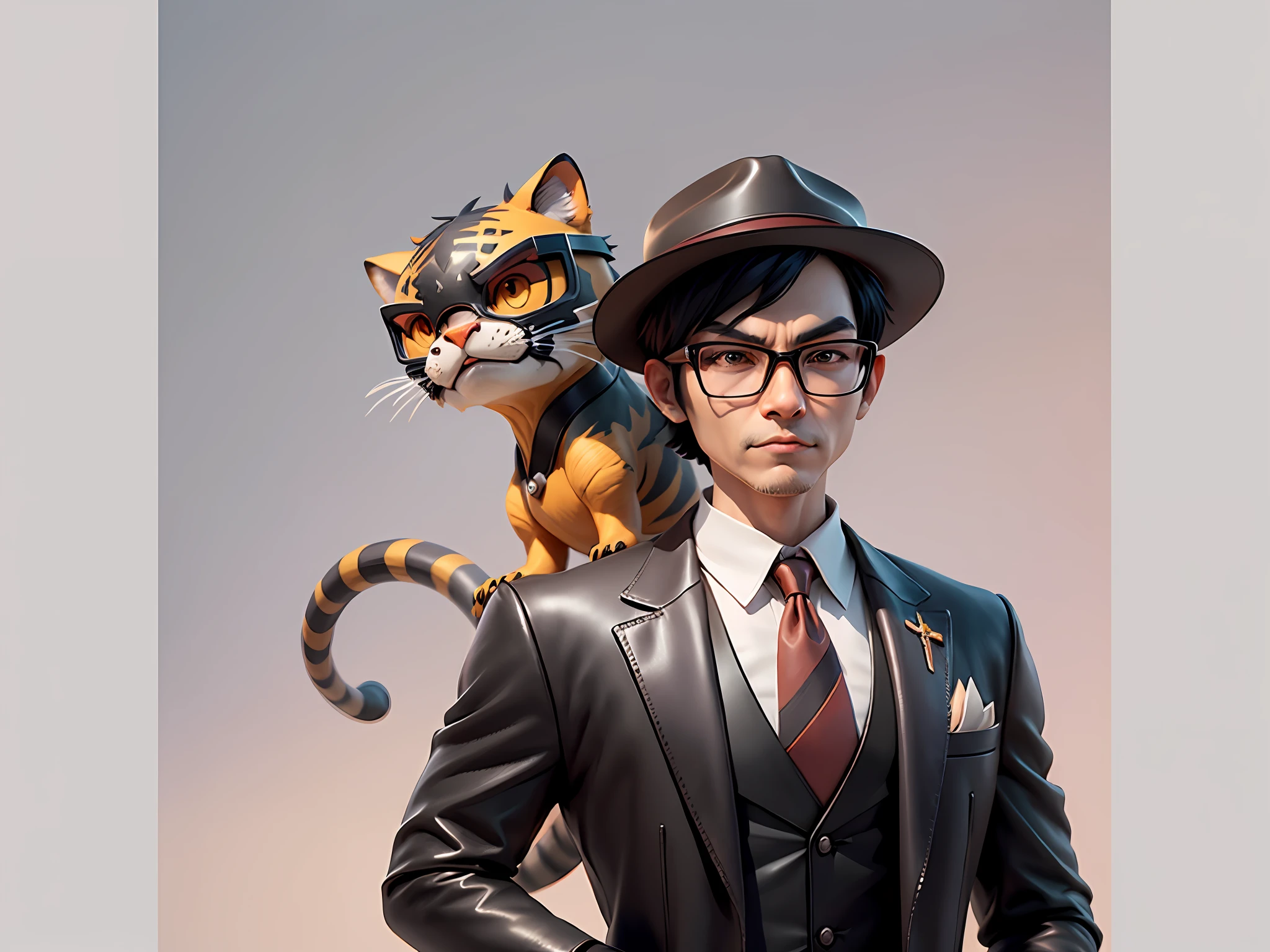 Young man with leather hat, tiger, dragon, oriental face in formal suit, short black hair, silver glasses, digital painting, 3D character design by Mark Clairedon and Pixar and Hayao Miyazaki and Akira Toriyama, the illustration is a high-definition illustration in 4K resolution with very detailed facial features and cartoon-style visuals.