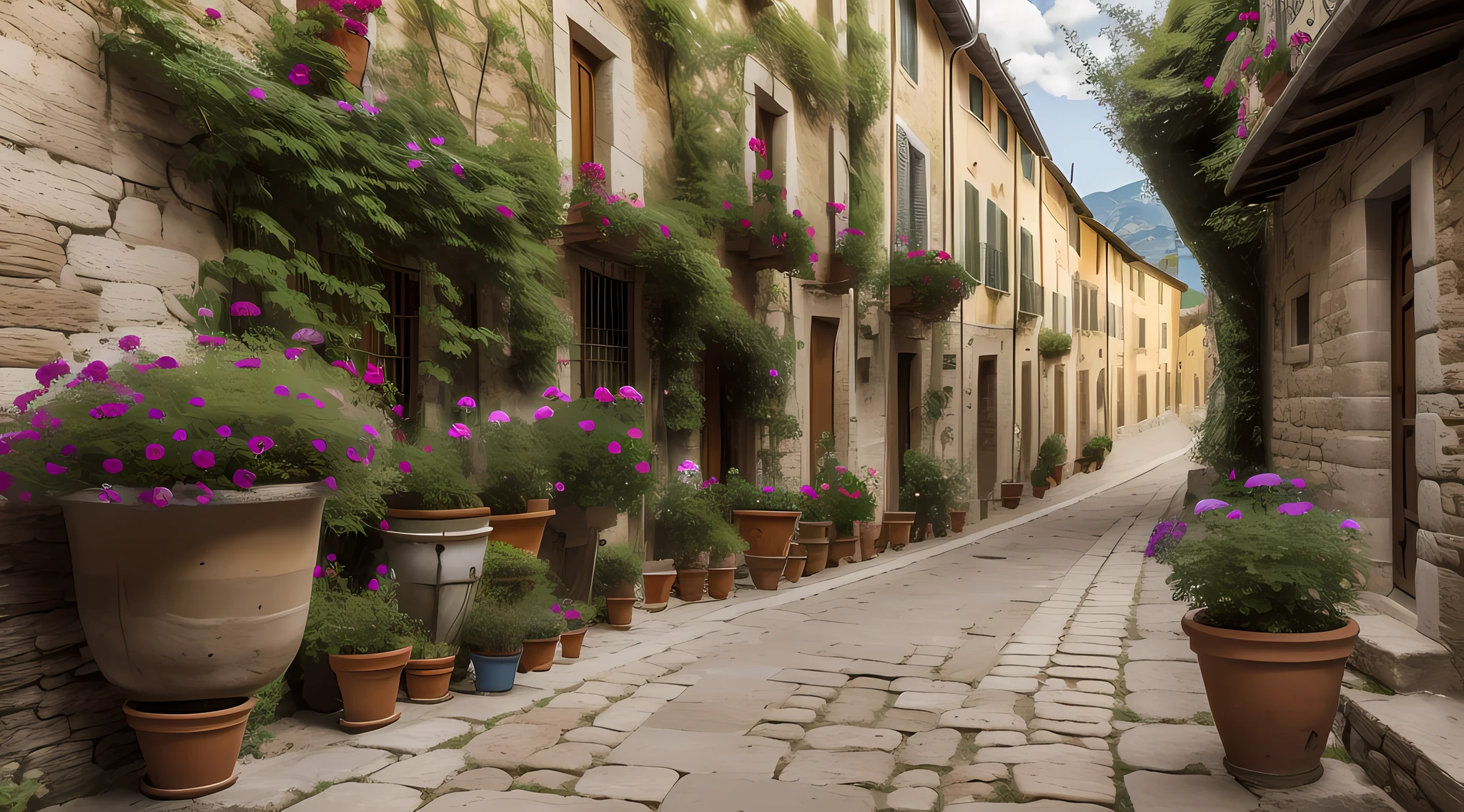 Geranium blooming in a pot, Streets of the ancient city of Italy, Stone pavers, Old stone and brick houses. Narrow mountain path. Sunny day. Cinematographer.