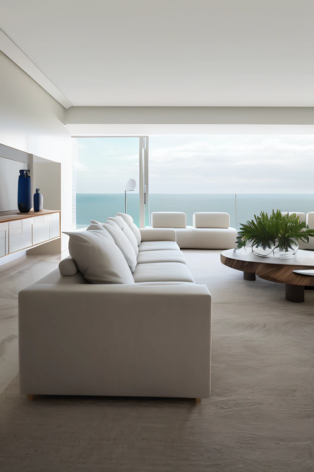 Panoramic view of a living room with sofa and coffee table, Estilo sereno e tranquilo, sala de estar moderna, Sala de estar, sala de estar architecturaldigest, sala de estar design de interiores, sala de estar interior, design minimalista, minimalista e bonito, minimalismo elegante, design de interiores da sala de estar, Luxury condominium interior, Architectural summary, white furniture, sala de estar, Interiores