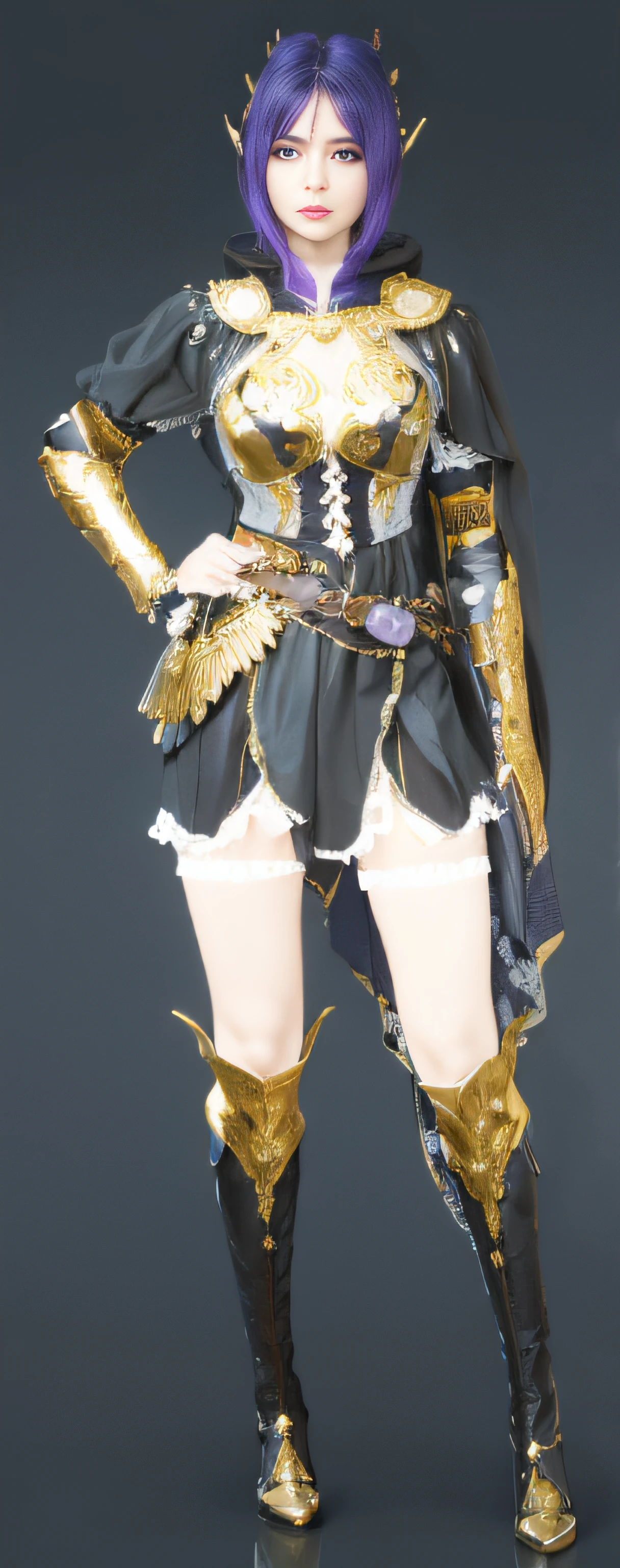 Arafed female in a costume with purple hair and a golden cape, lunar themed attire, Roupa dourada, Uniforme preto dourado, traje de fantasia, traje ornamentado, ornate bikini armor, Armadura preta e dourada, roupa intrincada, Armadura preta e dourada, Armadura Dourada Angelical, usando costelas douradas, Traje de guerreiro, roupas muito detalhadas e ricas, photogenic details on armor