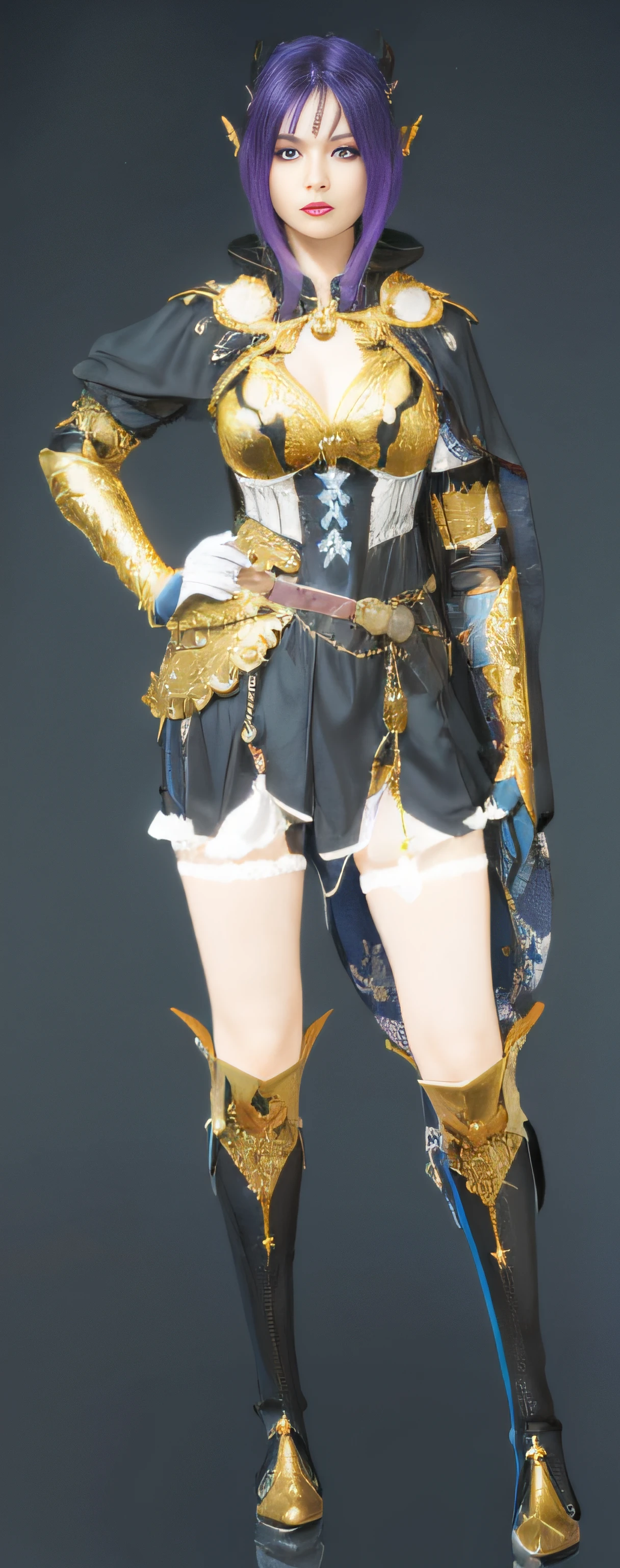 Arafed female in a costume with purple hair and a golden cape, lunar themed attire, Roupa dourada, Uniforme preto dourado, traje de fantasia, traje ornamentado, ornate bikini armor, Armadura preta e dourada, roupa intrincada, Armadura preta e dourada, Armadura Dourada Angelical, usando costelas douradas, Traje de guerreiro, roupas muito detalhadas e ricas, photogenic details on armor