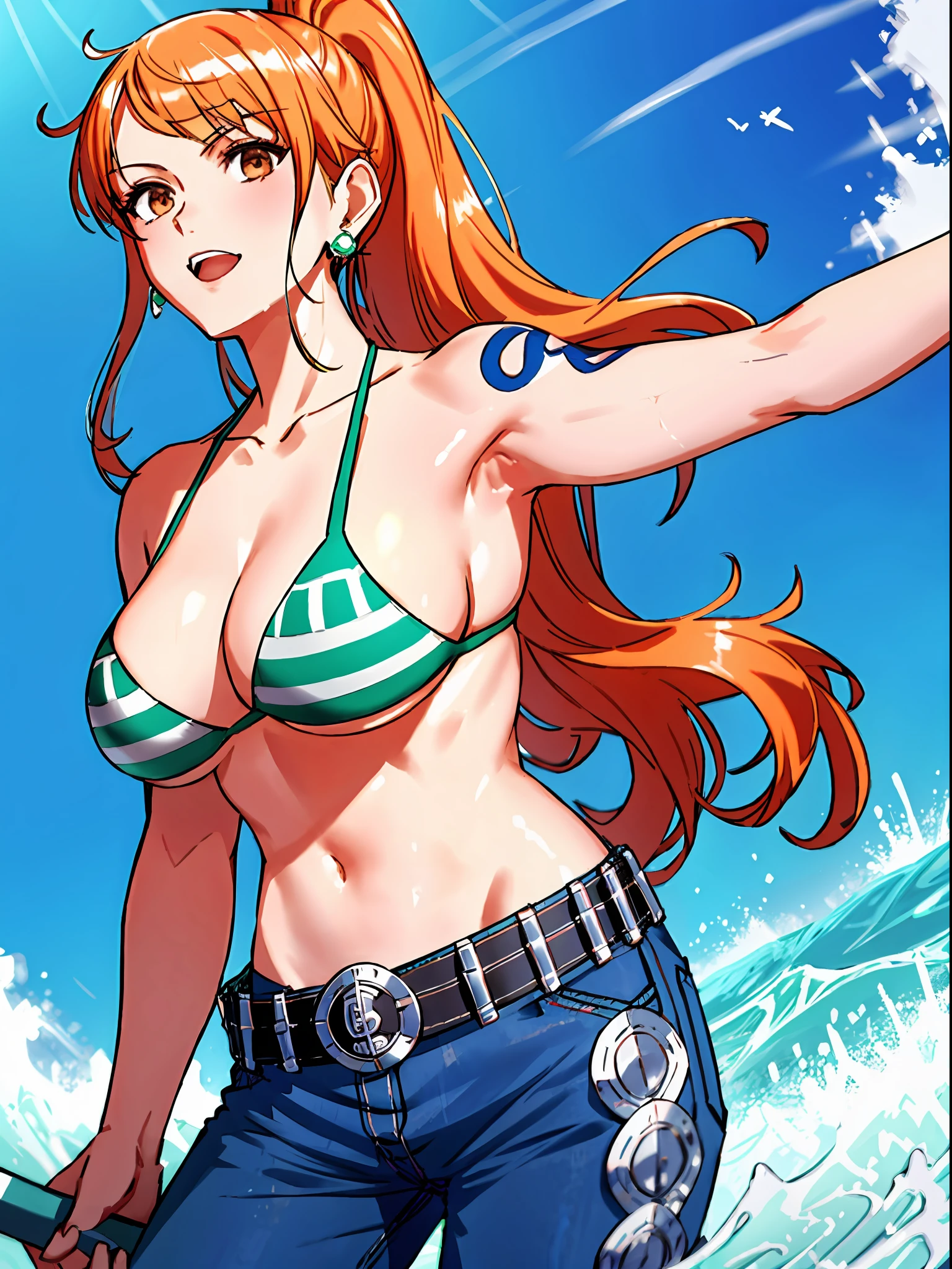 WALLPAPER, detailed background, (((armpits: 1.1, victory pose: 1.8, very wide wavy ponytail, thick ponytail, very wide voluminous ponytail: 1.7, very wide high ponytail, long wide ponytail, defined thick missy bangs with upward locks, very long left side bangs))), masterpiece, 4k, (wwe:1.1), epic, best quality, late youth, adult, 1girl, active, energic, (large mouth) , solo, nami \(one piece\), 1girl, bangle, (open mouth, serious, glaring, open eyes, perfect detailed face, round face) bold drawing lines, detailed bold arm lines, flat jaw, adult woman, wavy wide streaked bangs, floating bang, (big cheeks), bare shoulders, belt, bikini, bikini top only, bracelet, springy breasts, breast lines, big round eyes, very big brown shiny eyes, high eye position, cleavage, denim, earrings, floating hair, shiny hair, green belt, green bikini, bold groin lines, jeans, jewelry, large breasts, log pose, very wide long hair, looking at viewer, big navel, wet hair, orange hair, pants, shoulder tattoo, sidelocks, solo, standing, stomach, swimsuit, tattoo, looking at viewer, open mouth, detailed left arm, big forehead, hourglass figure, small head, toned body, wide hair, wind effect, narrow small ears angle, older