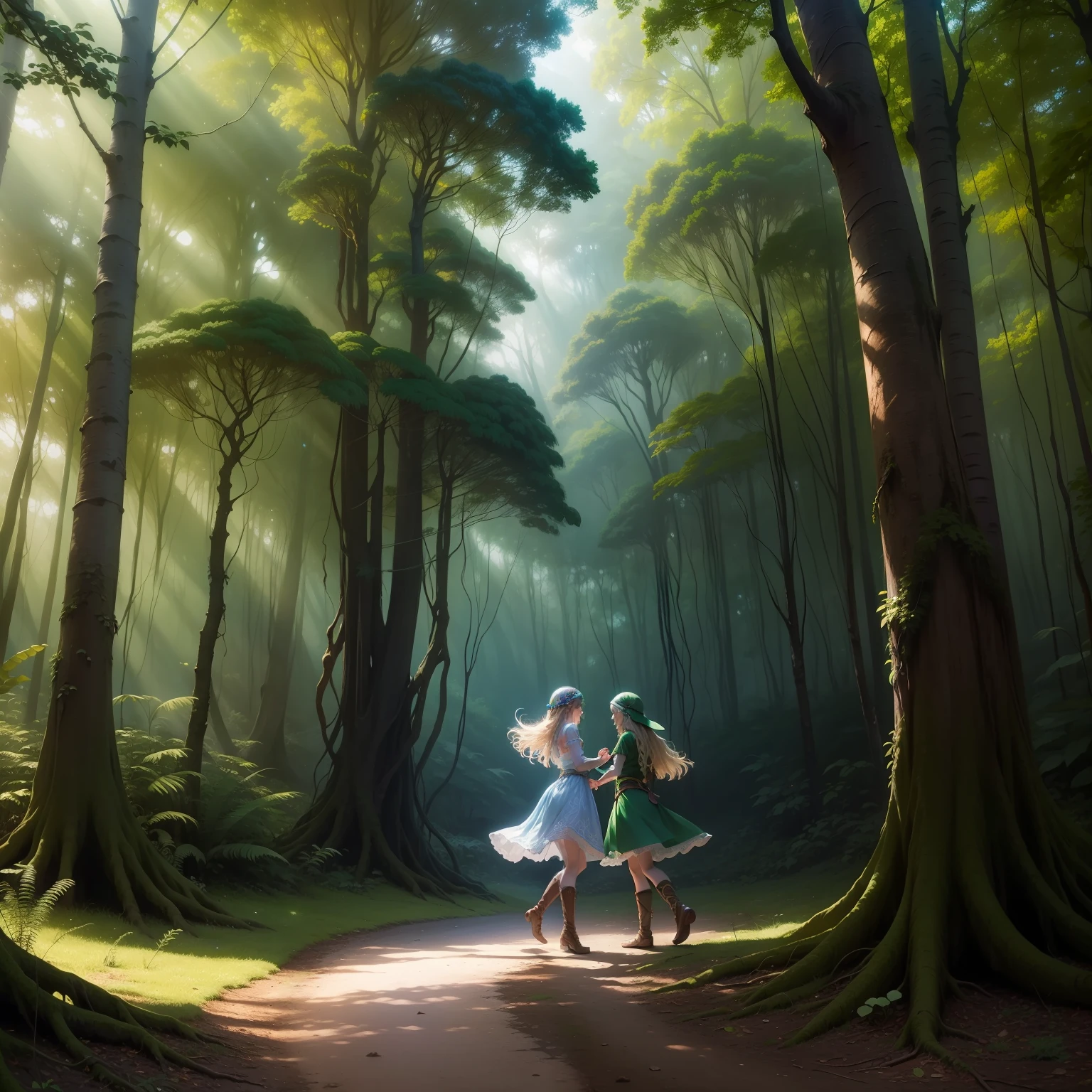 Paisagem , magical forest , selva densa , luz colorida e bem detalhada , fantastic atmosphere, rpg , Mystical creatures , floresta sinuosa , reino das fadas , Dancing elves , luz rosa