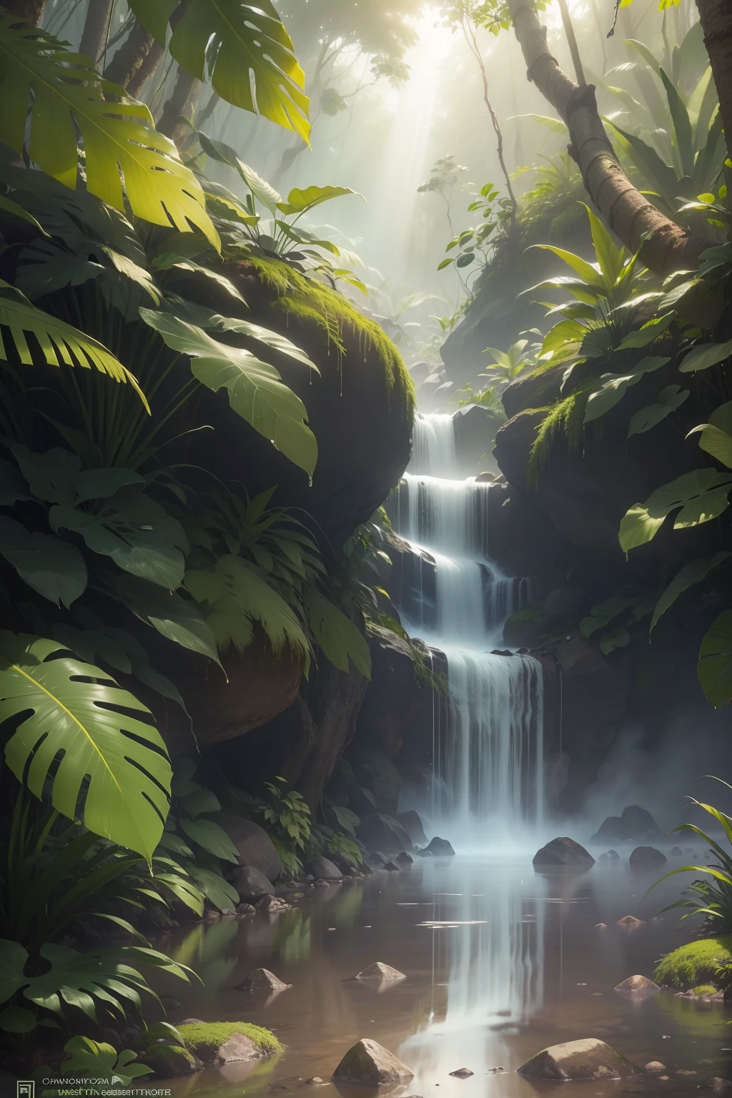Crie uma imagem realista de uma floresta tropical com umidade. Make sure the resulting image captures the essence of a lush forest, with details that highlight the dense and exotic vegetation. Add foliage in different shades of green and textures to convey the feeling of moisture and life. Make sure the image shows the presence of mist, suggesting the characteristic humidity of a tropical forest. Adicione detalhes aos riachos e cachoeiras, to emphasize the constant flow of water. Make sure the lighting is soft, filtered by the sun's rays that pass through the dense tree cover. Make sure the resulting image is high resolution, com qualidade 8K.