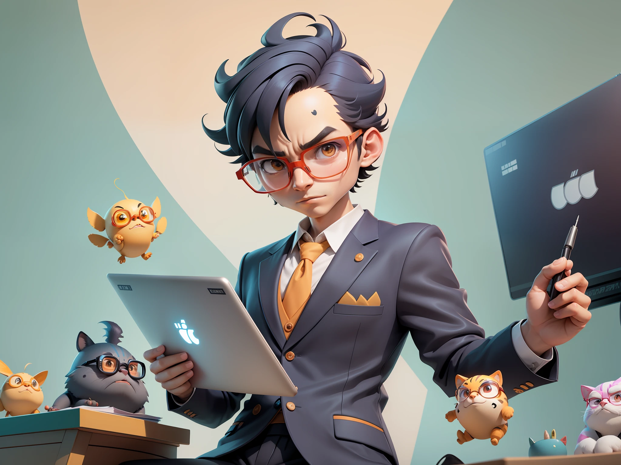 A young man in a suit, Short hair and glasses sat at his desk,holding laptop,digitial painting,tigre,3D character design by Mark Clairen and Pixar and Hayao Miyazaki and Akira Toriyama,4K HD illustration,Very detailed facial features and cartoon-style visuals。