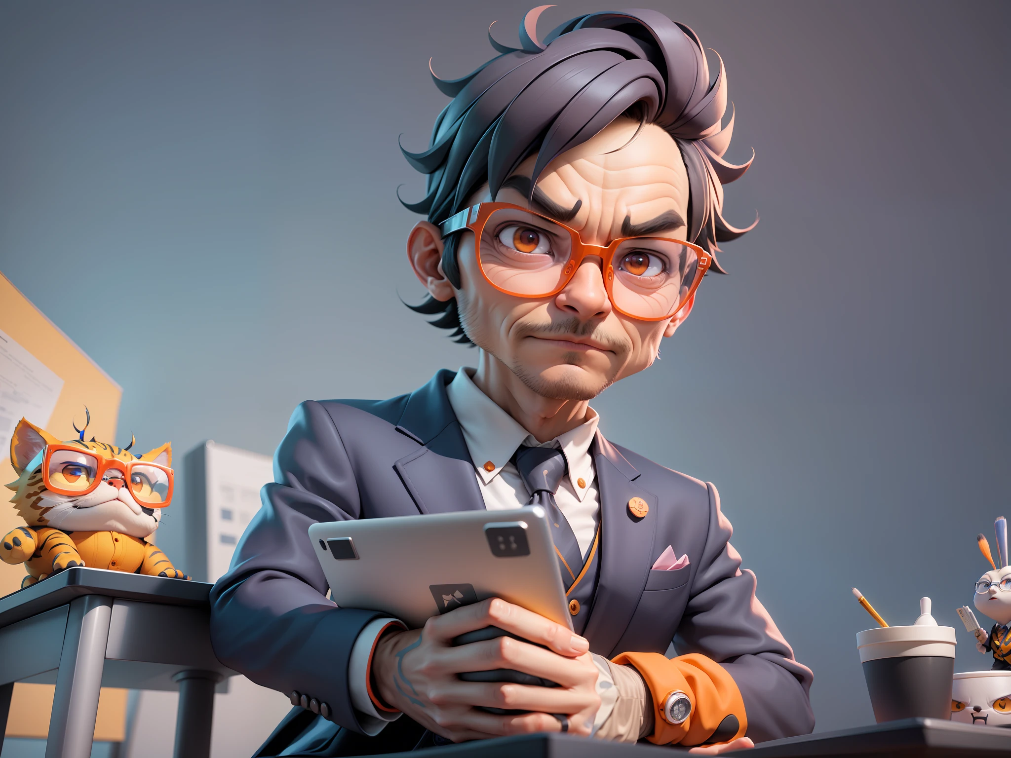 A young man in a suit, Short hair and glasses sat at his desk,holding laptop,digitial painting,tigre,3D character design by Mark Clairen and Pixar and Hayao Miyazaki and Akira Toriyama,4K HD illustration,Very detailed facial features and cartoon-style visuals。