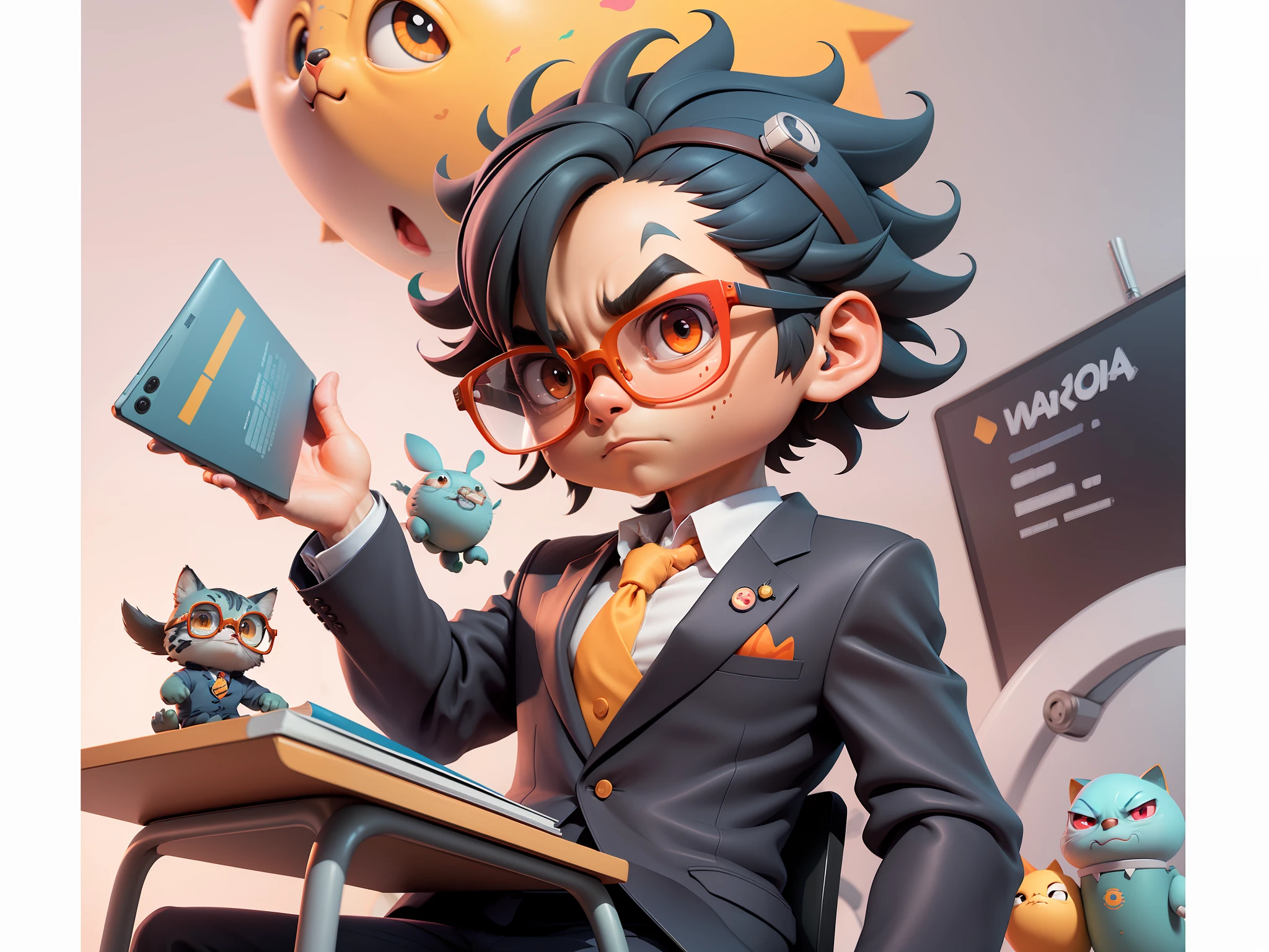 A young man in a suit, Short hair and glasses sat at his desk,holding laptop,digitial painting,tigre,3D character design by Mark Clairen and Pixar and Hayao Miyazaki and Akira Toriyama,4K HD illustration,Very detailed facial features and cartoon-style visuals。