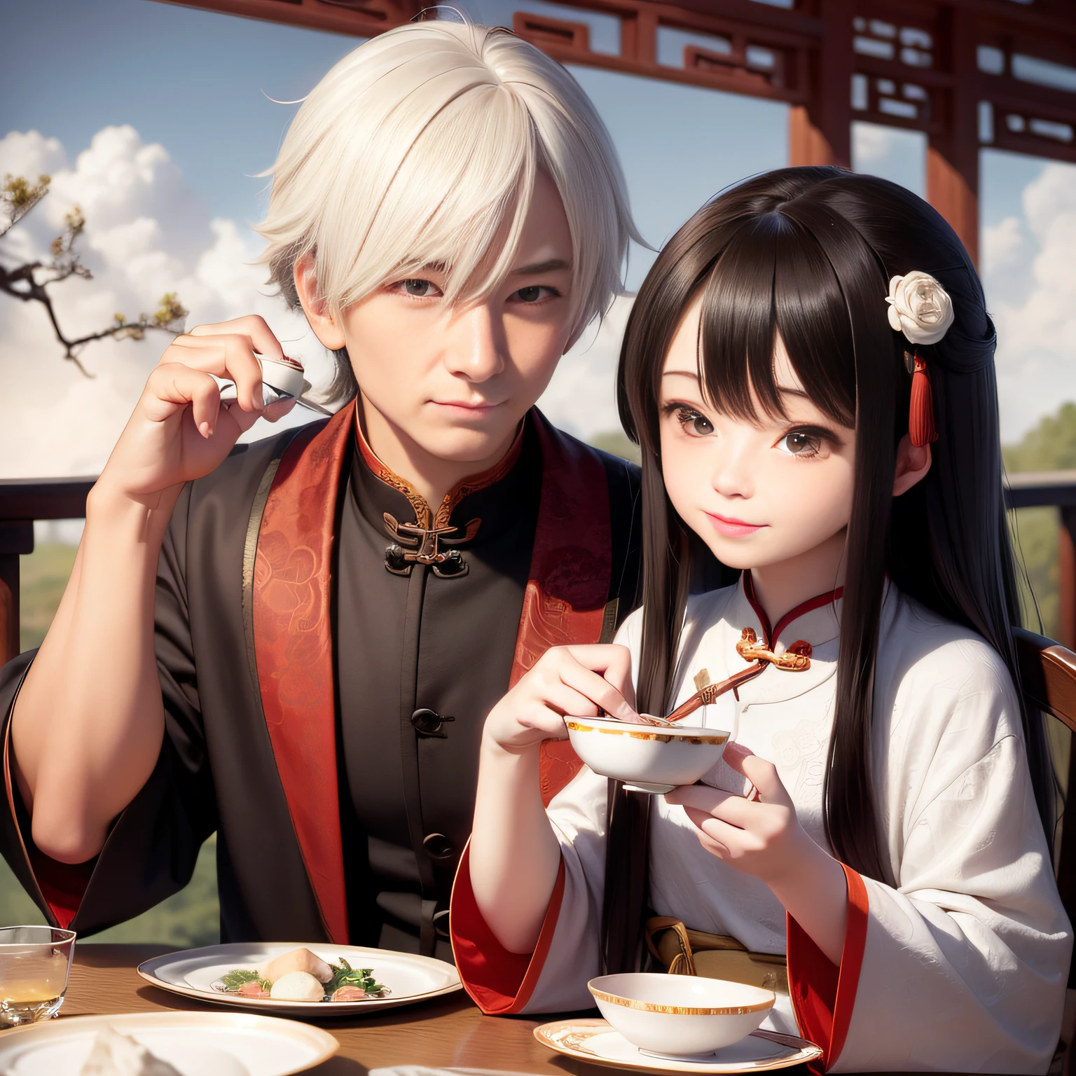 8K,tmasterpiece,Natural lighting,ancient chinese background,High hills,Cloud fog,rios,sitting before a table,Chinese teacup,Outdoor photography,sface focus,detailed face with,facial wrinkle,Relaxed expression,(2 people),Opposite,Male elderly,White hair,Hairpins,Chinese Han dynasty costumes,Boy
