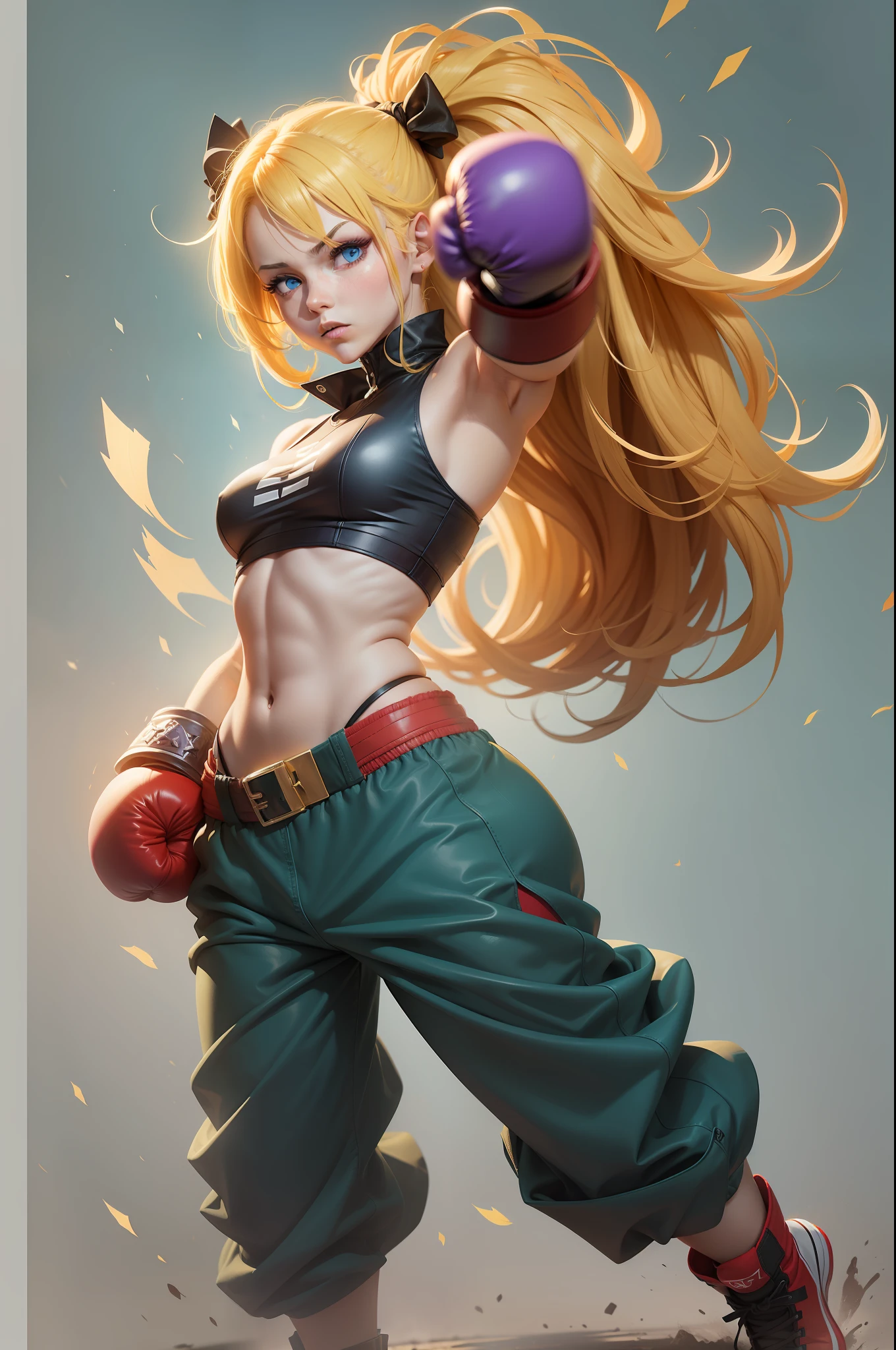 ((full body)), (rpg character game), fighter woman with yellow hair and boxe gloves, her hair must be long, her eyes blue and her boxing glove must be red in color, she must wear little clothes and her clothes are blue in color.