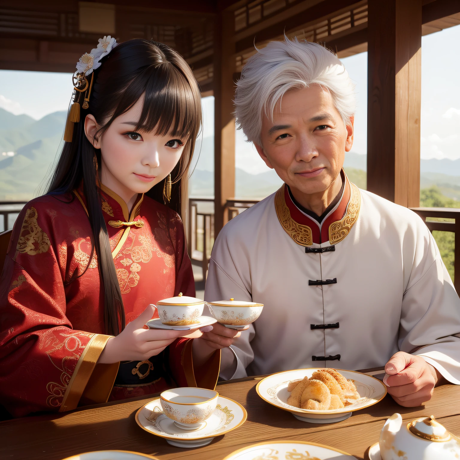 8K，tmasterpiece，Natural lighting，ancient chinese background，High hills，Cloud fog，rios，sitting before a table，Chinese teacup，Outdoor photography，sface focus，detailed face with，facial wrinkle，Relaxed expression，（2 people），Opposite，Male elderly，White hair，Hairpins，Chinese Han dynasty costumes，Boy