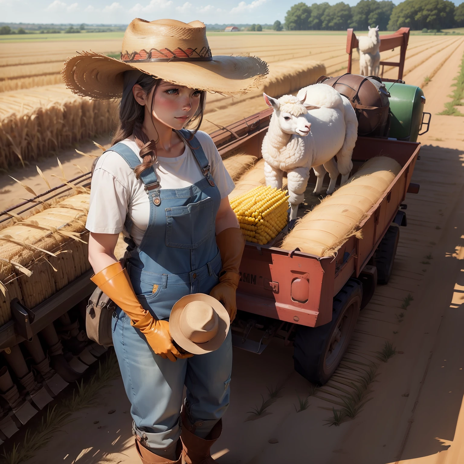 straw hat, overall, denim, (rubber boots:1.2), (work gloves:1.3), farm work, Driving on a tractor,Corn field,corn,There is a lama,There are alpacas