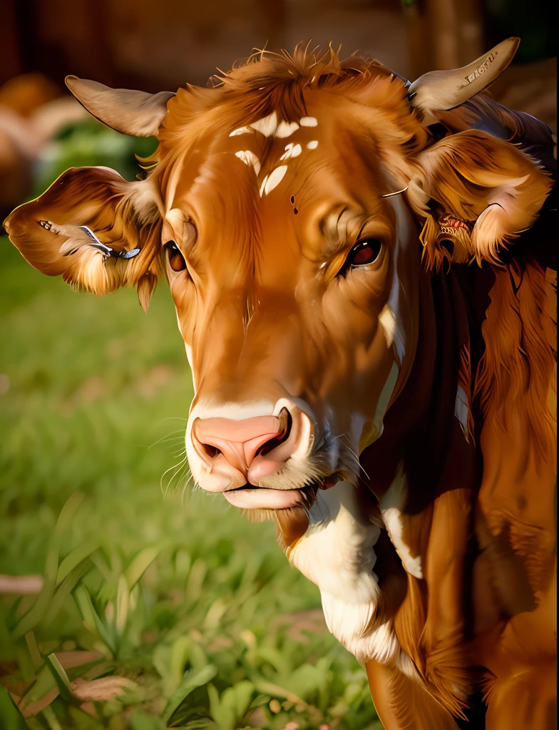 uma vaca mugindo, olhar zangado, look of hatred, fundo escuro, desfocado extremamente penetrante, com raiva, irada, qualidade 16k, obra-prima, extremamente realista, fundo desfocado