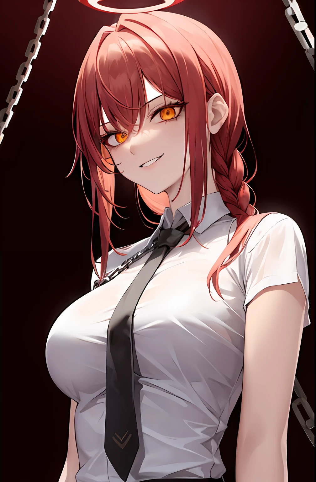 masterpiece, best quality, makima \(chainsaw man\), ultra detailed, 1girl, solo, standing, red hair, halo over her head ,a lot blood on her face , badass , cyberpunk,  long braided hair, golden eyes, bangs, medium breasts, white shirt, necktie, stare, smile, (evil:1.2), looking at viewer, (interview:1.3), (dark background, chains:1.3), medium breasts, covered