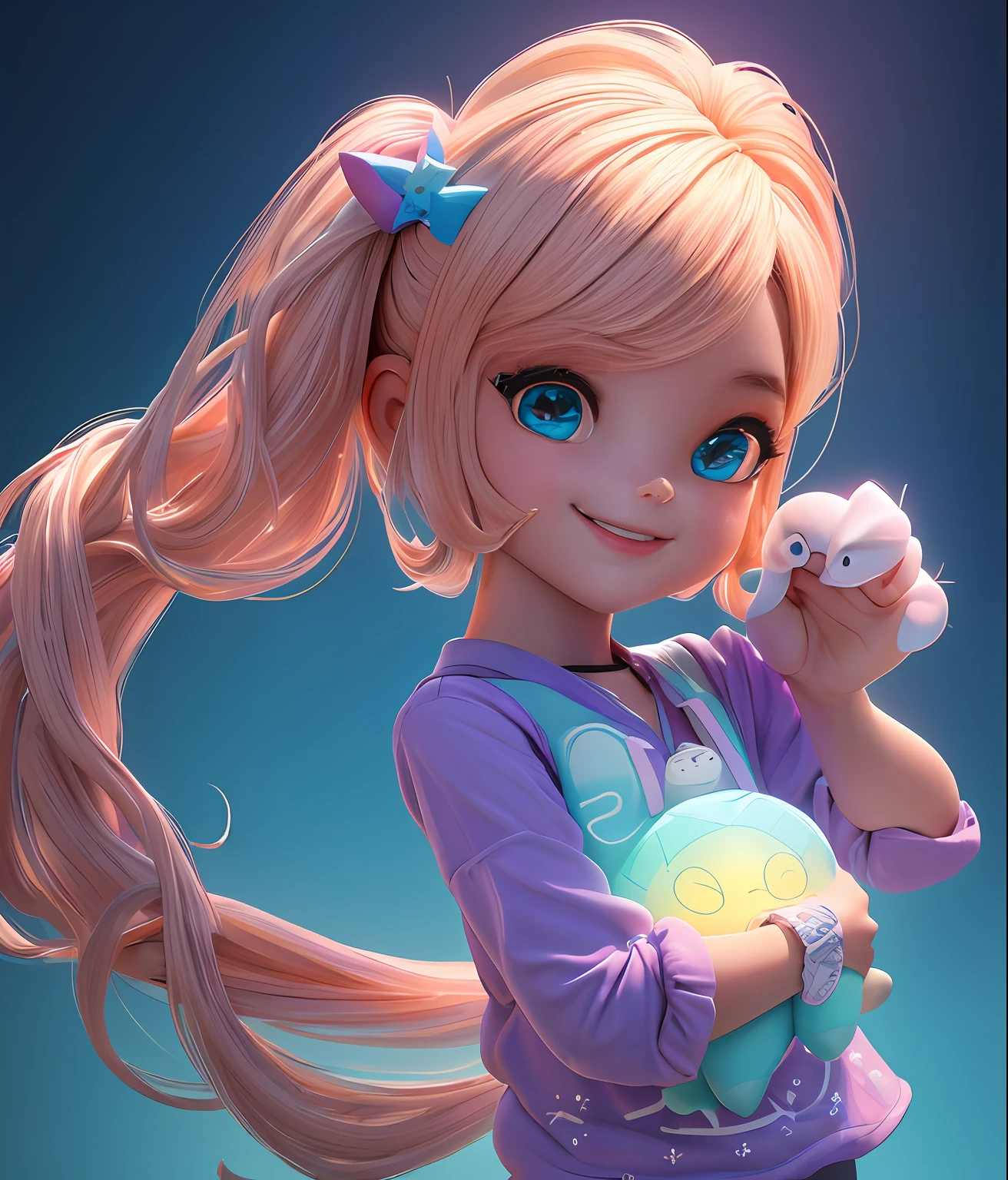 Um desenho de uma menina de cabelos compridos e um gato, Super bonito menina desenho 3D de corpo inteiro, 1 pc, olhos bonitos, olhos grandes, Pescador, Feliz, c4d, pop matt caixa cega, cabelos longos brancos, Bolhas brilhantes, Brinquedos, solid color backdrop, fluorescent translucency, luminescence, boneca,