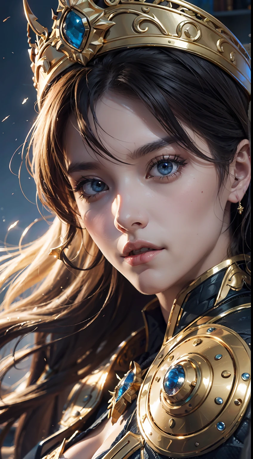8k,Ultra detailded, Masterpiece, Best quality, (Extremely detailed), Angle dynamique, Mysterious expression, Effet de vent, Contexte fantastique, Rim Lighting, cinematic light, ultra highres, 8K UHD, grain du film,Meilleure ombre, Delicate, .RAW, Light particles, detailed skin texture, detailed armor texture, Detailed face, Complex details, Ultra detailded, brillant, fort, golden armor, (Marteau de maintien), fracassant, Action de smash, Pauldrons, Des yeux brillants, Cap Long, fantaisie, (Realstic), shoulder armor, complexe, complexee, perfect lighting, Regarder le spectateur, lighting cinematic, Voler dans le ciel,volant, holy light, vif, frange, venteux