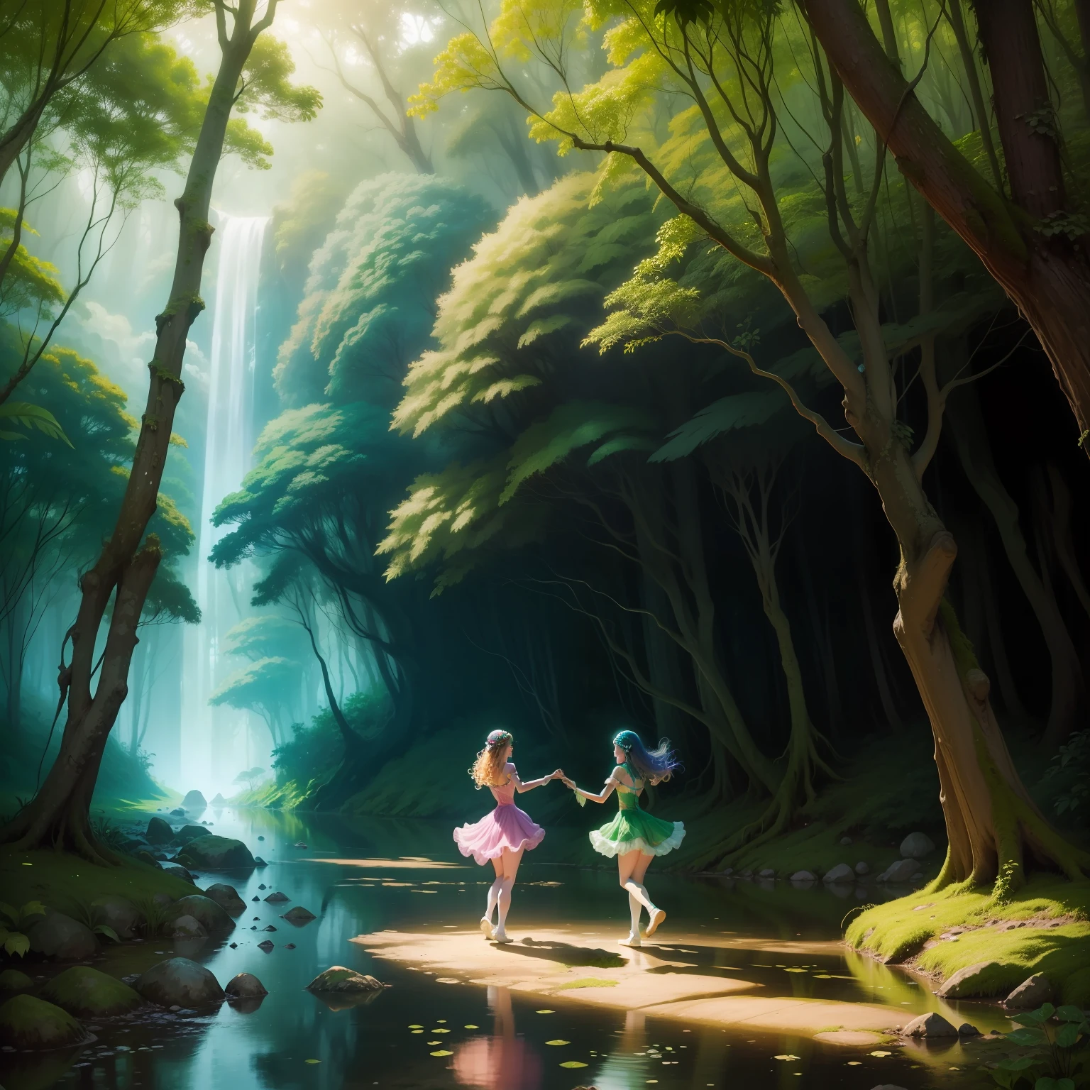 Paisagem , magical forest , selva densa , luz colorida e bem detalhada , fantastic atmosphere, rpg , Mystical creatures , floresta sinuosa , reino das fadas , dancing nymphs, sexy