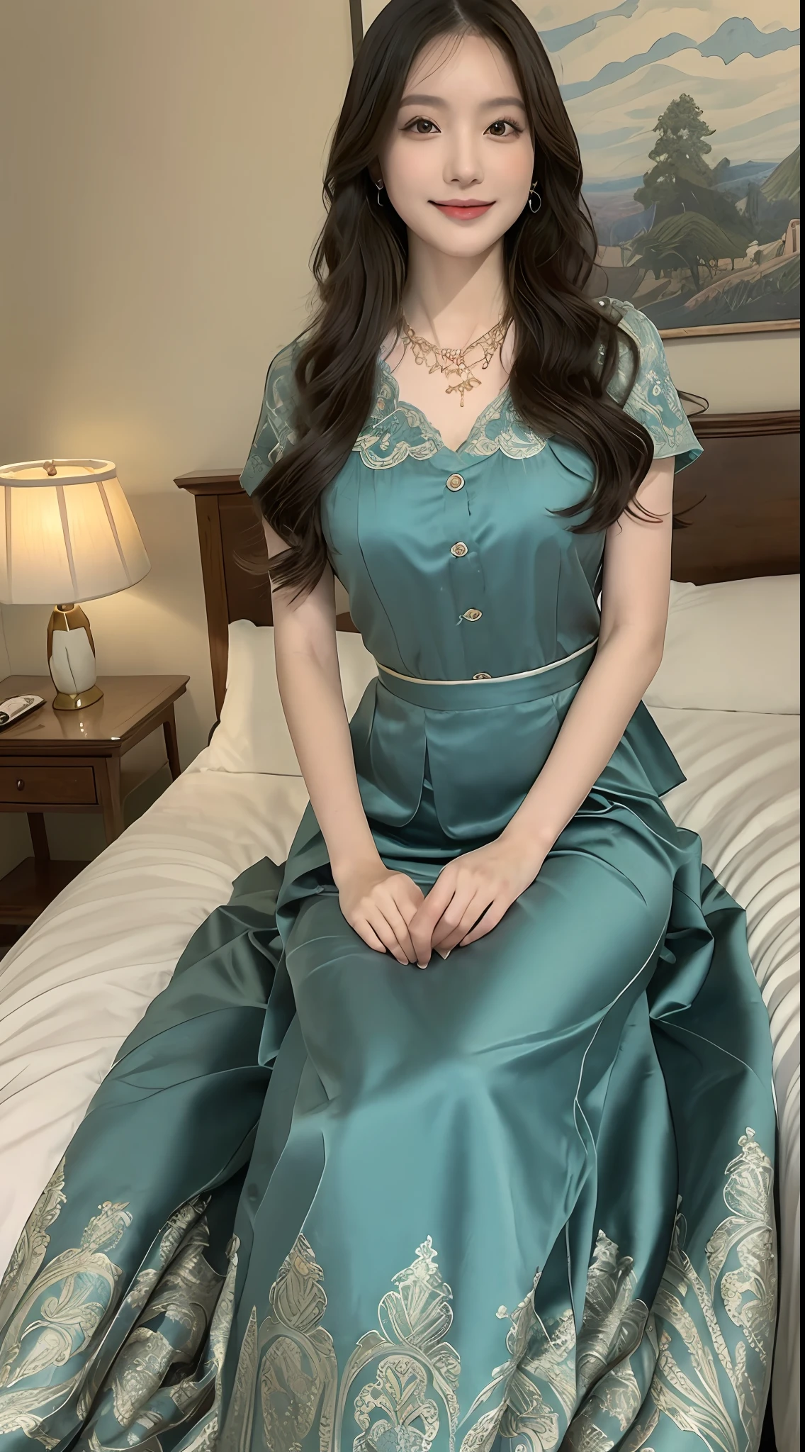 ((top-quality、8K、masterpiece:1.3))、((1womanl))、((japanese mature))、((slim figure))、((Luxurious and detailed hotel rooms))、((Luxurious and detailed beds))、((Lying in bed))、((beautifully detailed hair))、((Beautiful and ultra-detailed face))、((kindly smile))、((Detailed blouse))、((Detailed necklace))、((Detailed long skirt))、((Flip up the hem of your long skirt to show your thighs))、((Beautiful and detailed thighs))、((Beautiful and detailed legs))
