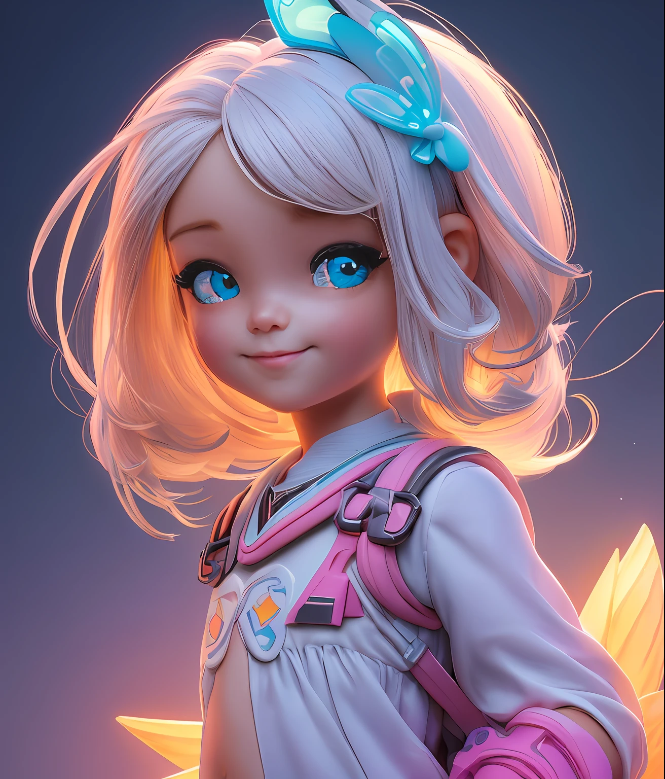 Um desenho de uma menina de cabelos compridos e um gato, Super bonito menina desenho 3D de corpo inteiro, 1 pc, olhos bonitos, olhos grandes, Pescador, Feliz, c4d, pop matt caixa cega, cabelos longos brancos, Bolhas brilhantes, Brinquedos, solid color backdrop, fluorescent translucency, luminescence, boneca,