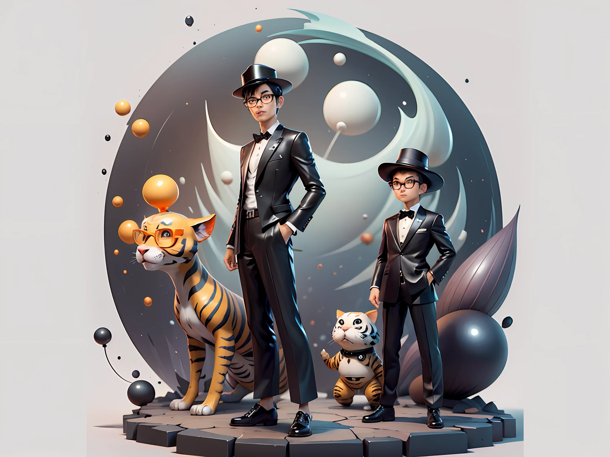 Young man with oriental face in leather hat, tiger, oriental face in formal suit, short black hair, silver glasses, digital painting, 3D character design by Mark Clairedon and Pixar and Hayao Miyazaki and Akira Toriyama, the illustration is a high-definition illustration in 4K resolution with very detailed facial features and cartoon-style visuals.