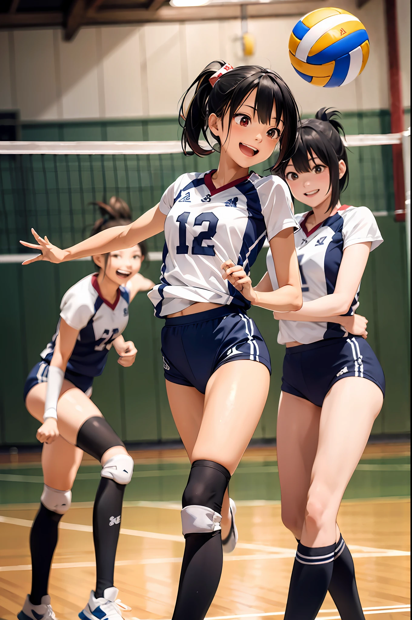 (top-quality、in 8K、32K、​masterpiece、nffsw、超A high resolution、Impresionismo、Photorealsitic:1.2)、Full body, Inside the gymnasium、Volleyball Court、beauitful face、blurry backround、-yeld beiful girl、shinny skin、bob cuts、Beautiful black hair、Red Eyes、(Hachimaki:1.2)、Volleyball Uniforms、Curve、dynamicposes、Smile with open mouth、Two girls