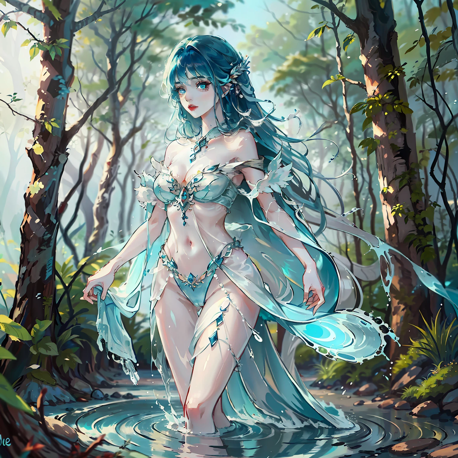 woman, beautiful, blue-haired, long-haired, sacred, mysterious, walking on water, in the forest, alone, woman whose body made of water