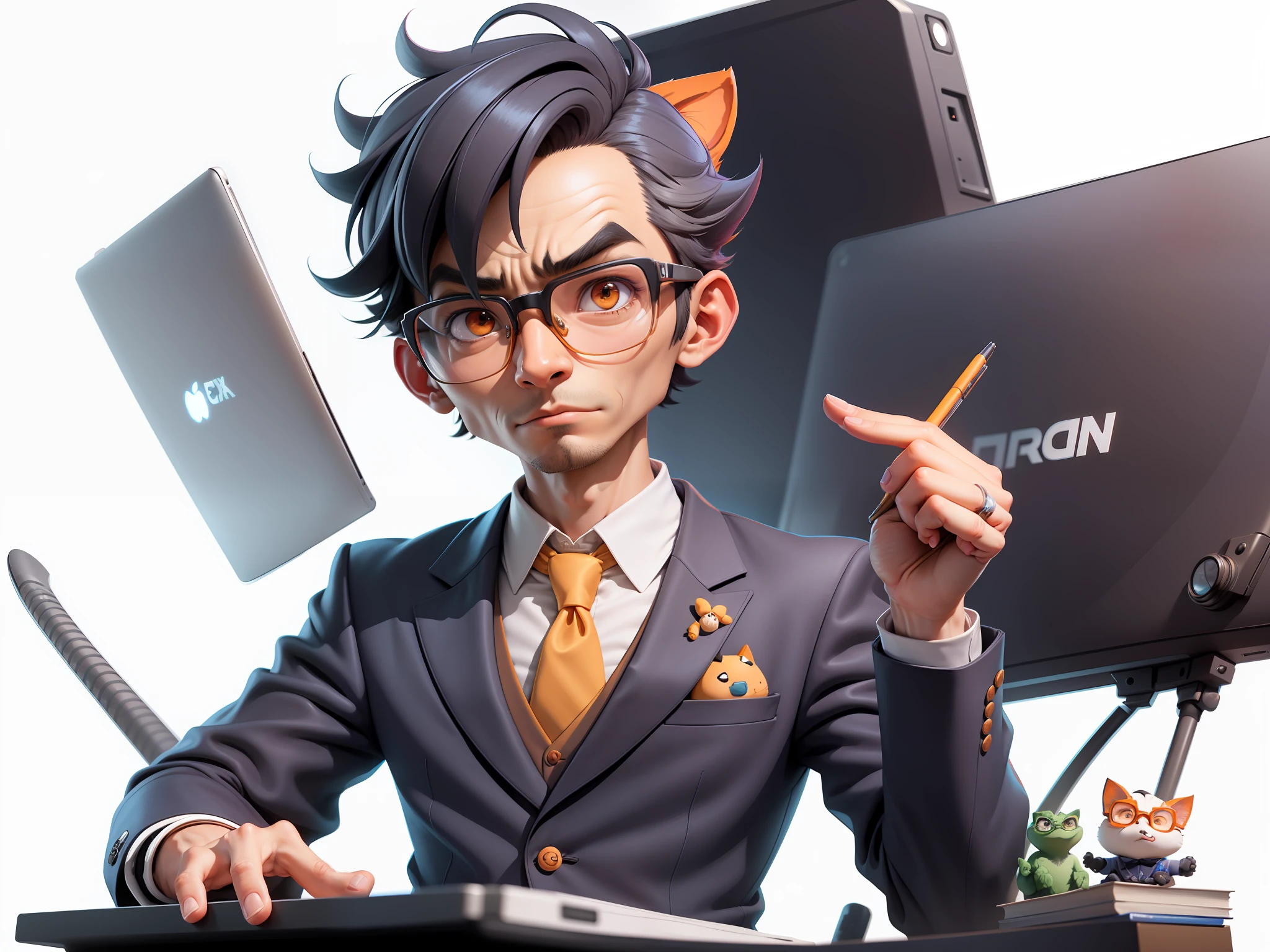 A young man in a suit, Short hair and glasses sat at his desk,holding laptop,digitial painting,tigre,3D character design by Mark Clairen and Pixar and Hayao Miyazaki and Akira Toriyama,4K HD illustration,Very detailed facial features and cartoon-style visuals。