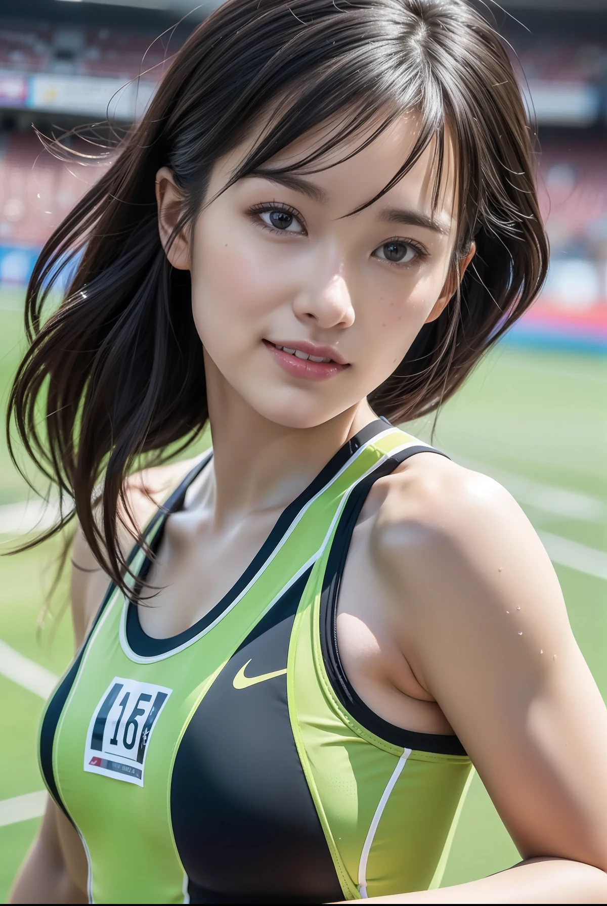 (((full bodyesbian)))、japanese beauty girl、(((track and field uniform)))、((Glossy shoulder-length black hair))、Lower body main、Posing、hairarmpits、Wet body、Sweaty body、Perfect style、beauty legs、kawaii、((Track & Field Athletes Women))、(((1人)))、((stadium))、Transcendent cute、A slight smil、Beautiful breasts、full bodyesbian、athletic field、((Outstanding style))、((Healthy body))、 Photorealsitic、Beautiful detailed eyes、Hyper-Realism、highcontrast、Ultra HD、realistic skin textures、Top image quality、top-quality、超A high resolution、Fine details、Very meticulously