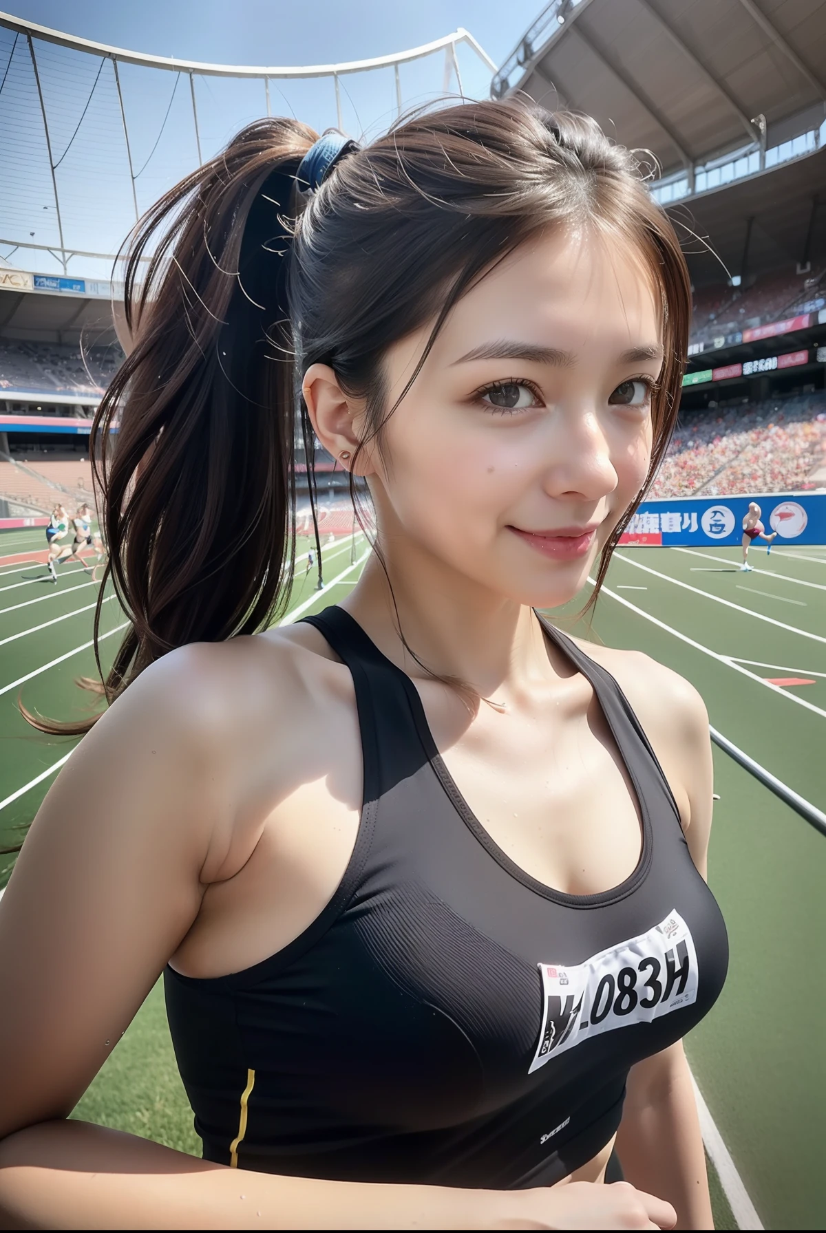(((full bodyesbian)))、japanese beauty girl、(((track and field uniform)))、((Glossy shoulder-length black hair))、Lower body main、Posing、hairarmpits、Wet body、Sweaty body、Perfect style、beauty legs、kawaii、((Track & Field Athletes Women))、(((1人)))、((stadium))、Transcendent cute、A slight smil、Beautiful breasts、full bodyesbian、athletic field、((Outstanding style))、((Healthy body))、 Photorealsitic、Beautiful detailed eyes、Hyper-Realism、highcontrast、Ultra HD、realistic skin textures、Top image quality、top-quality、超A high resolution、Fine details、Very meticulously