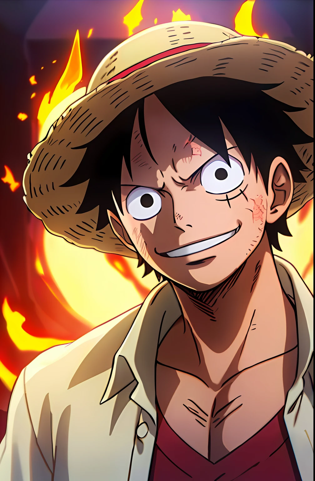 1boy, wanostyle, monkey d luffy, smiling, straw hat, looking at viewer, solo, upper body, ((masterpiece)), (best quality), (extremely detailed), depth of field, sketch, dark intense shadows, sharp focus, soft lighting, hdr, colorful, good composition, fire all around, spectacular, closed shirt, anime screencap, scar under eye, ready to fight, black eyes