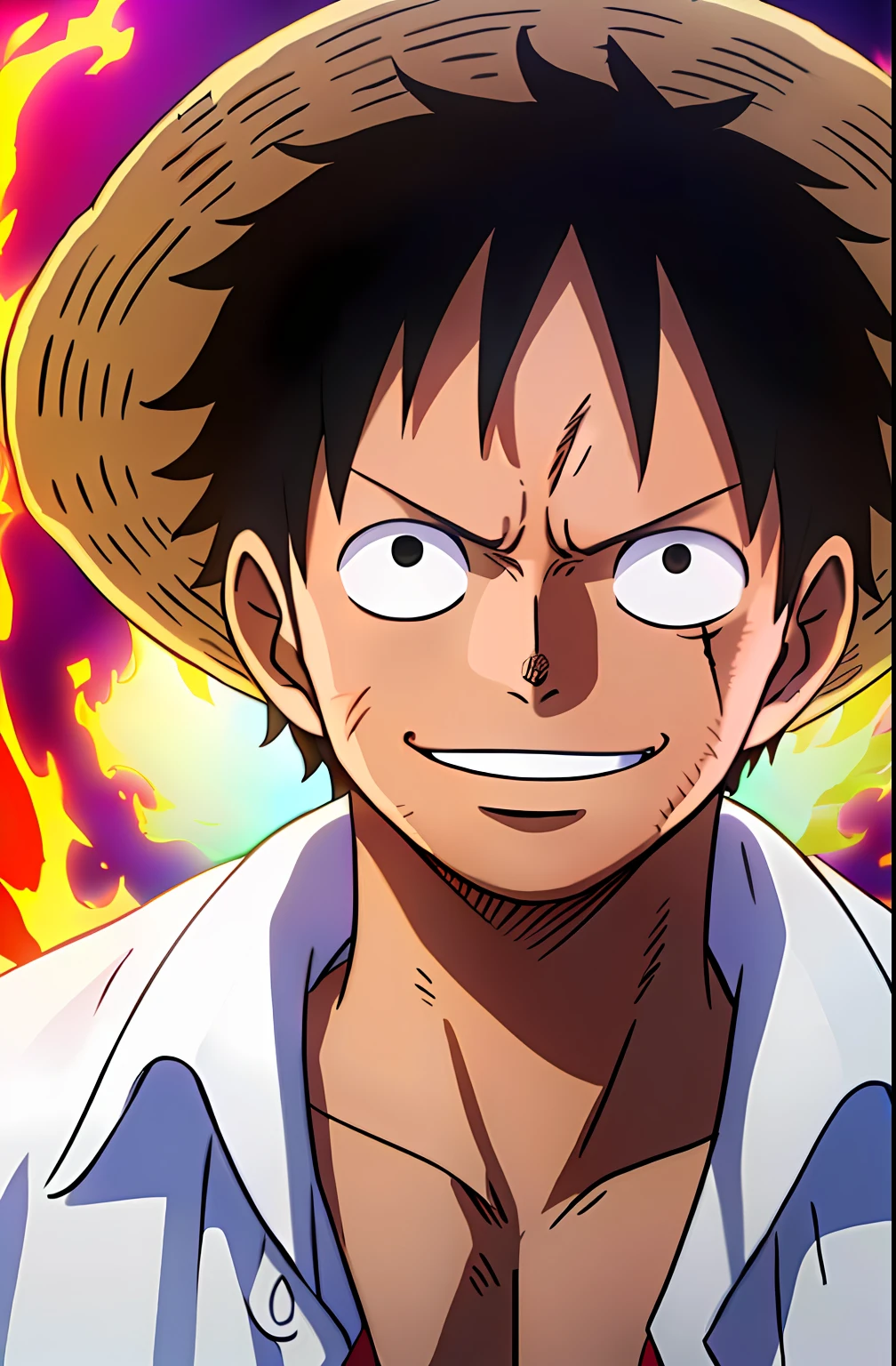 1boy, wanostyle, monkey d luffy, smiling, straw hat, looking at viewer, solo, upper body, ((masterpiece)), (best quality), (extremely detailed), depth of field, sketch, dark intense shadows, sharp focus, soft lighting, hdr, colorful, good composition, fire all around, spectacular, closed shirt, anime screencap, scar under eye, ready to fight, black eyes