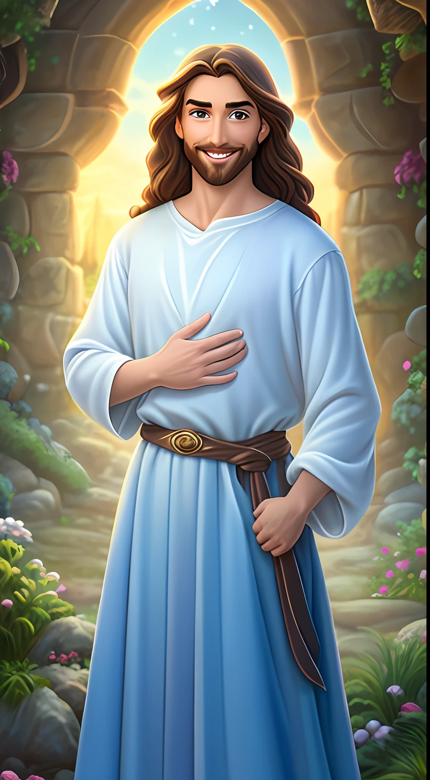 Original art quality, full body picture, Disney character animation style, young and handsome Jesus God, standing posture, hands naturally placed on both sides, looking ahead, gentle expression and smiling, eyes full of light, background light blue, translucent, with light as the theme, the focus of light is on the characters, the overall picture is fresh and bright.