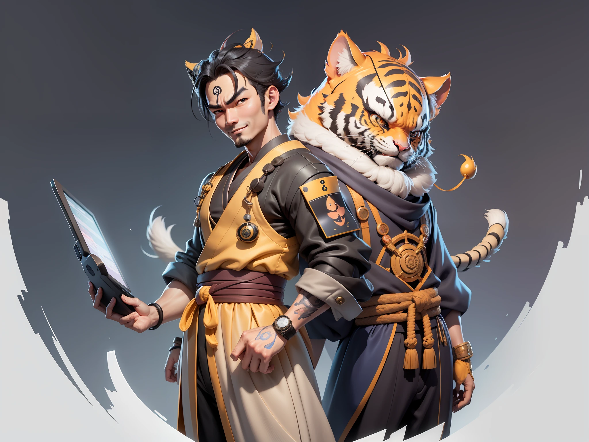(Daisaku),(Need),(Super meticulous),(full bodyesbian:1.2),Super young man with Japanese geisha，Beautiful，orient，one tiger，Aeolian Thor，Raised sexy，爆乳，Oriental face，TV Anchor，Bust portrait illustration，In black suit，a blue tie，The face is slightly chubby，The face was clean，without a beard，Black super short hair，Black eyes，Smile confidently，3C computer sub-products，iPad， iphone，Digital painting，3D character design by Mark Clairen and Pixar and Hayao Miyazaki and Akira Toriyama，The illustration is a high-definition illustration in 4K resolution，With very detailed facial features and cartoon-style visuals。