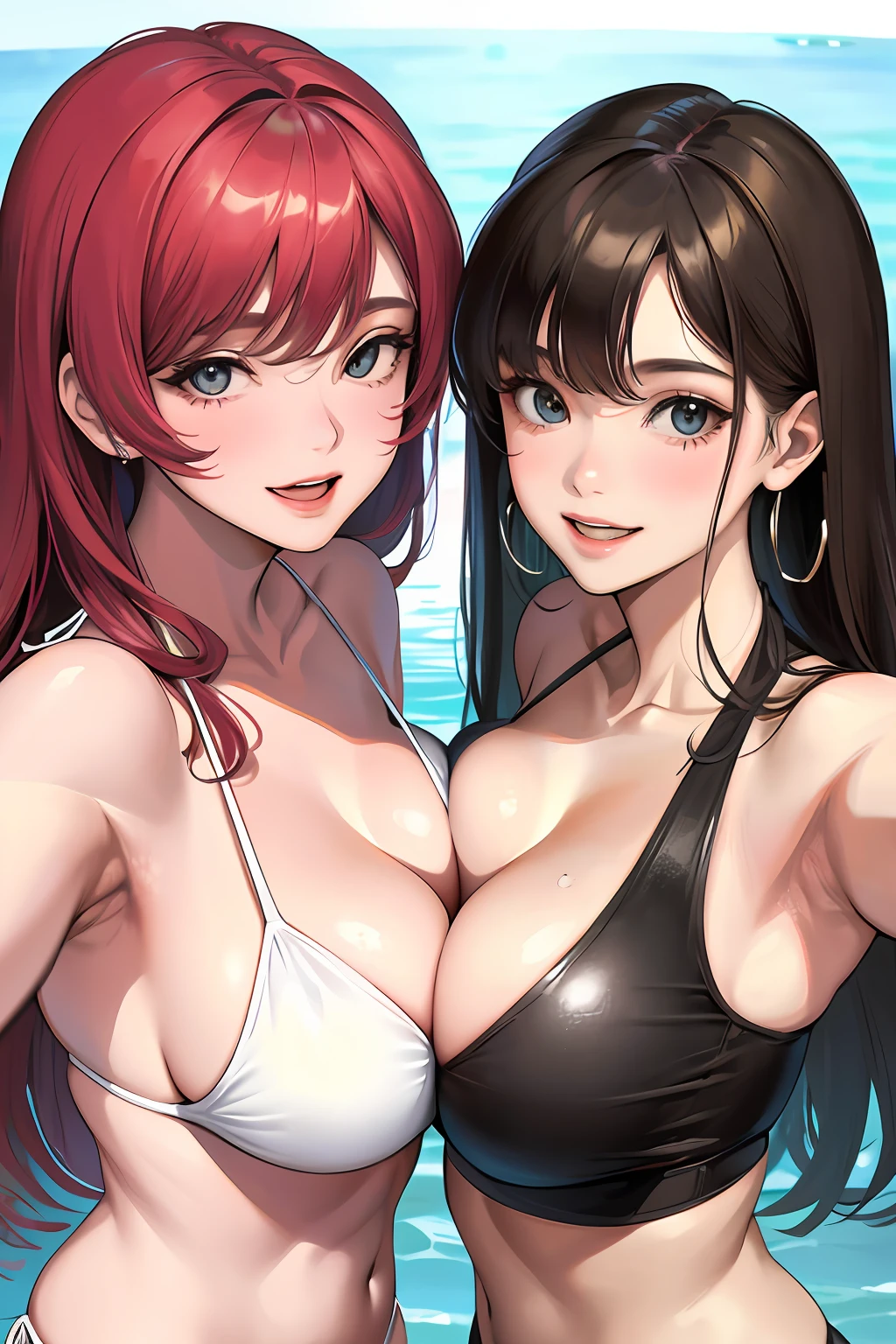 Realistic, Selfie of two girls, close contact with both breasts, wearing a bikini, big breasts, smiling face