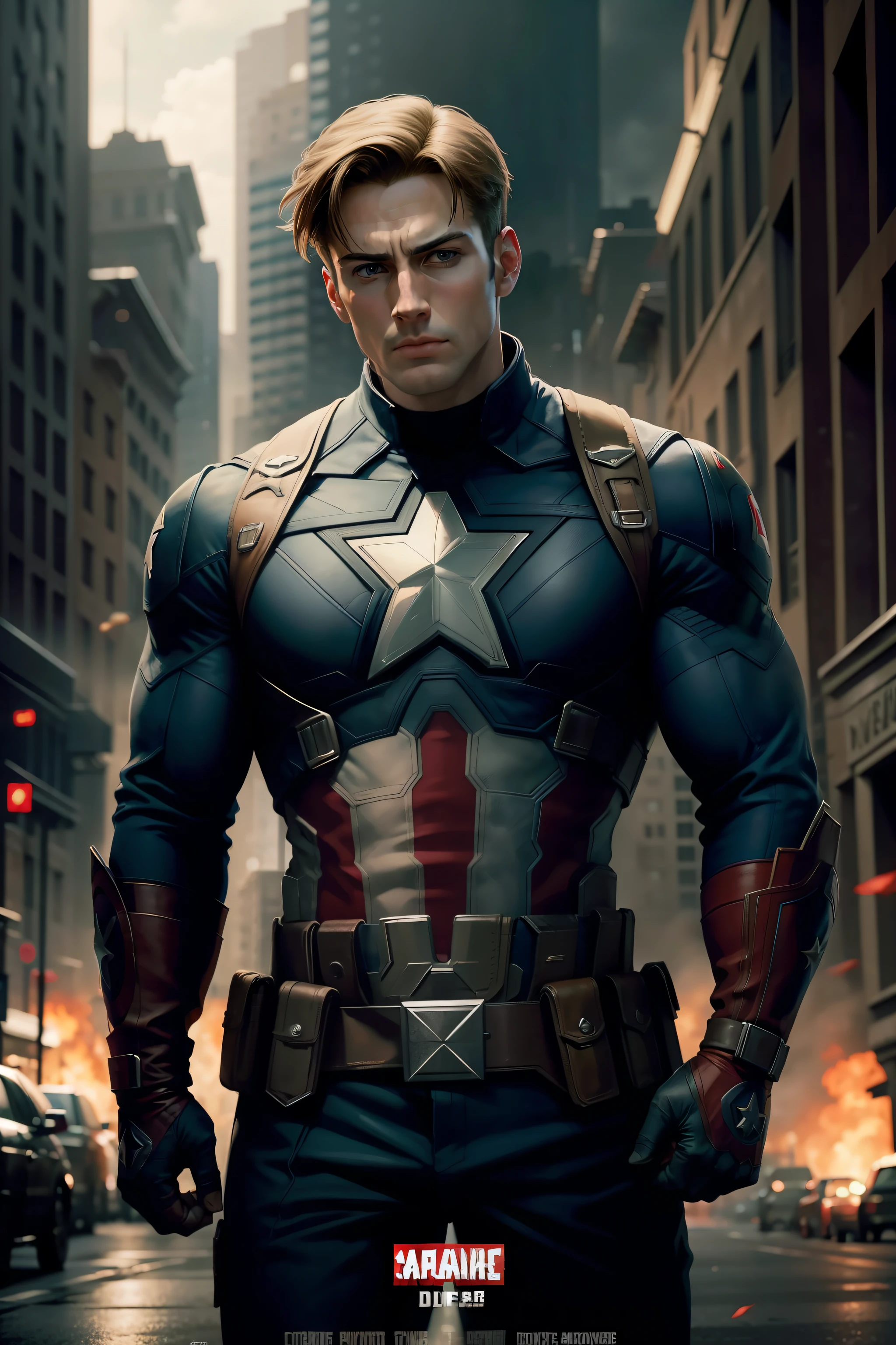 Captain America, movie poster, Film style, Cinematic layer, Best Movie Poster Ever Created, Epic composition, ultra realista, foto realista, Ultra Wide Angle View, dinamic pose, cinematic color grading, corpo inteiro, Looking at camera
