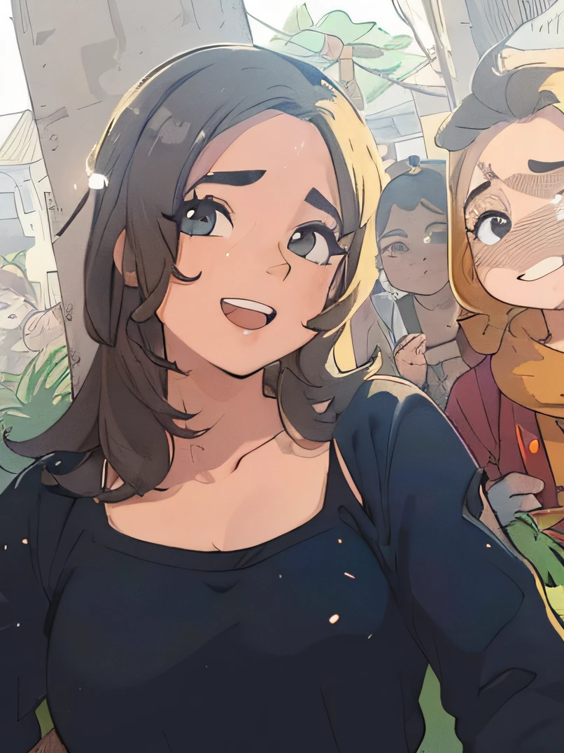 Redo this photo as if it were a cartoon, com cabelo castanho、olhos cinzentos、((Deformado))、um sorriso、looking at the camera、Macacões Khaki、Bust composition、((sem antecedentes))、Saltando do quadro redondo amarelo、For icons